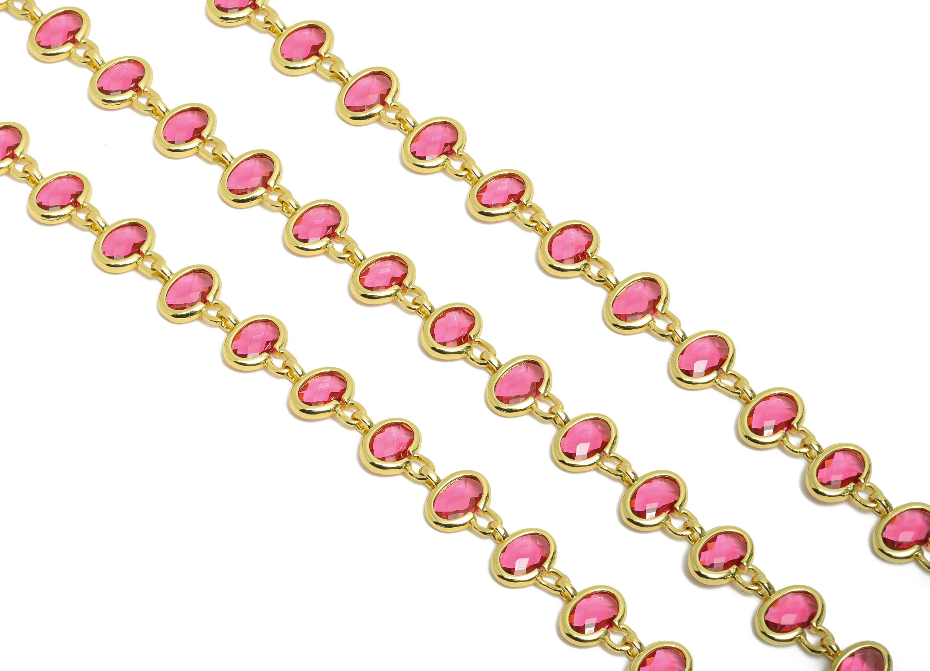 Brass Sparkling Crystal Chain - Brass Pink Stones Chain - 15.75inch/strand - DIY Necklace Jewelry -  18K Real Gold Plating - RGP10459 - DOMEDBAZAAR