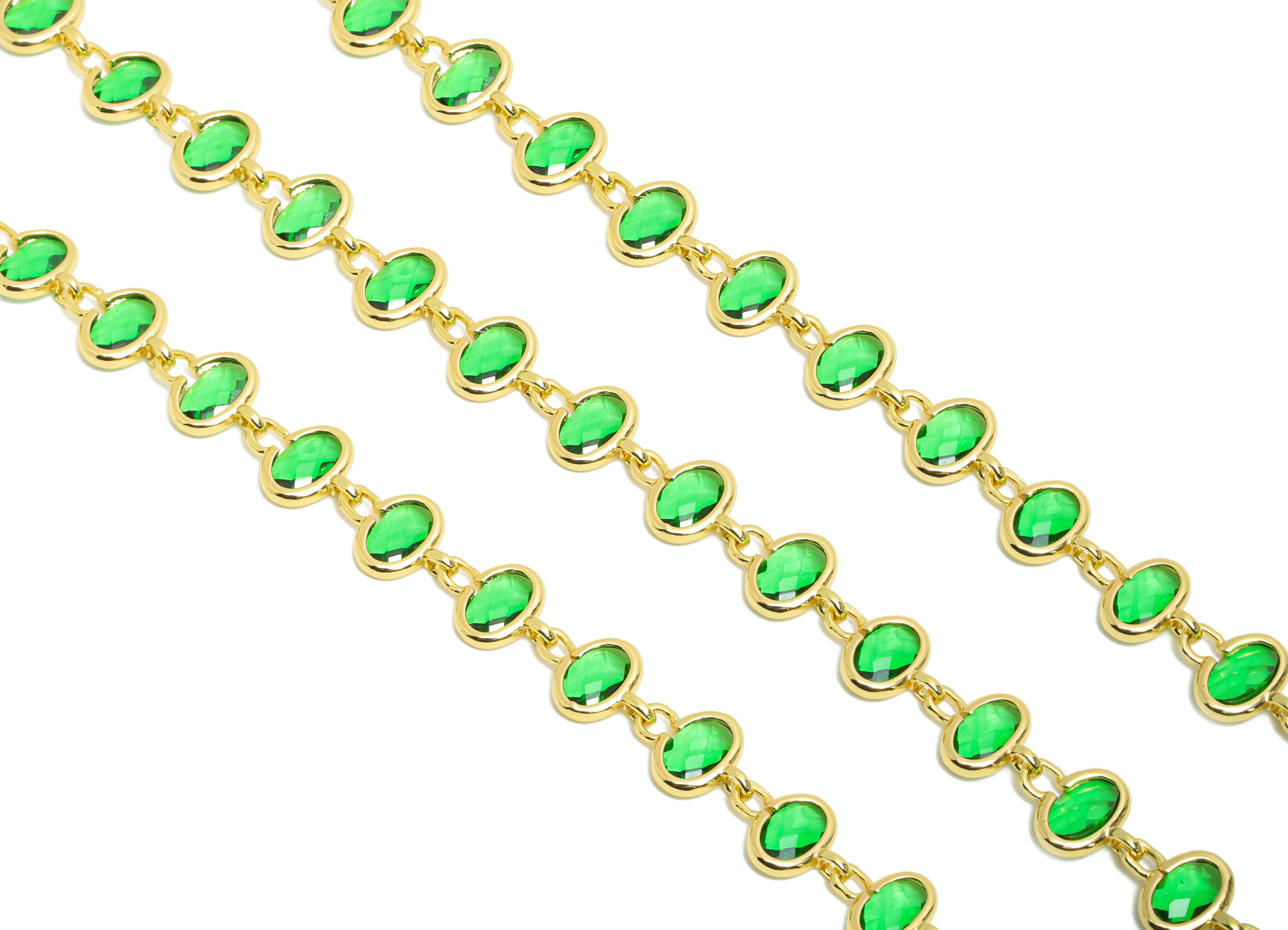 Brass Sparkling Crystal Chain - Brass Green Stones Chain - 15.75inch/strand - Dainty DIY Necklace Jewelry -  18K Real Gold Plating -RGP10461 - DOMEDBAZAAR