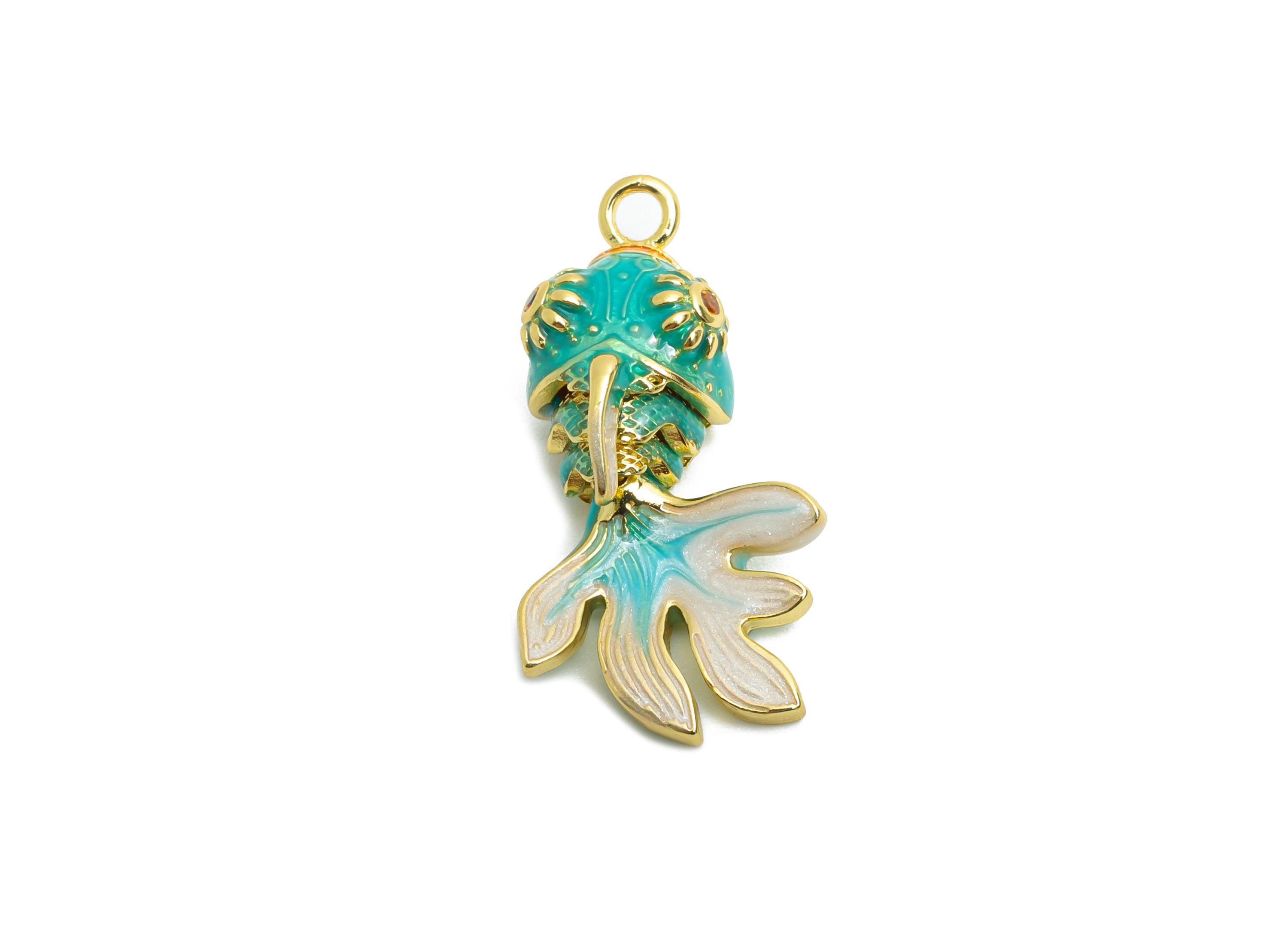 Dainty Cloisonne Enamel Fish Charm - Brass Colorful Movable Fish Charm - Active Fish Pendant  - 18K Real Gold Plating - 25x14x7mm - RGP10450