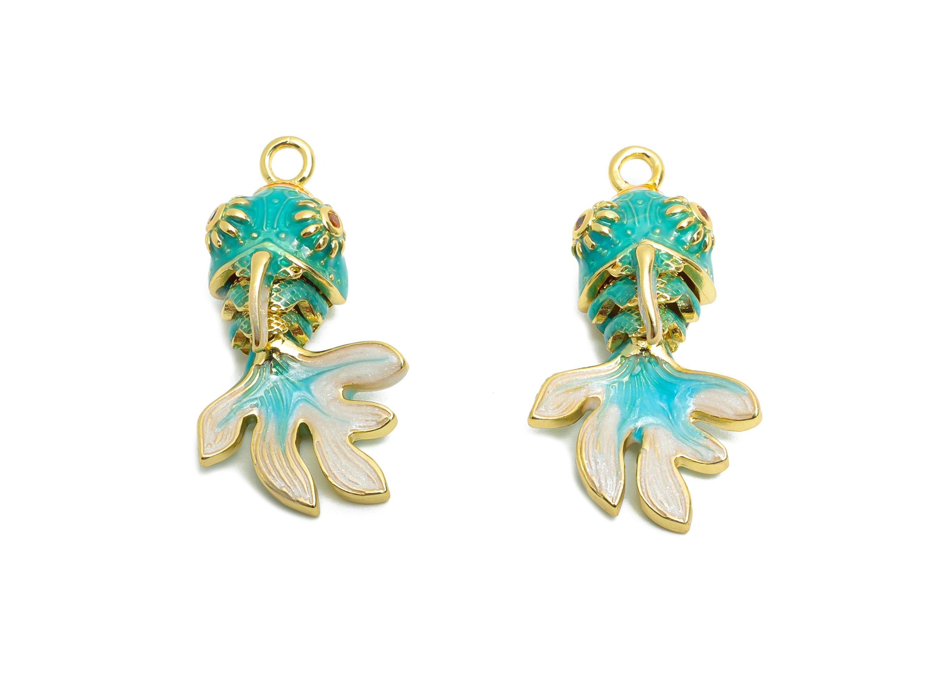 Dainty Cloisonne Enamel Fish Charm - Brass Colorful Movable Fish Charm - Active Fish Pendant  - 18K Real Gold Plating - 25x14x7mm - RGP10450