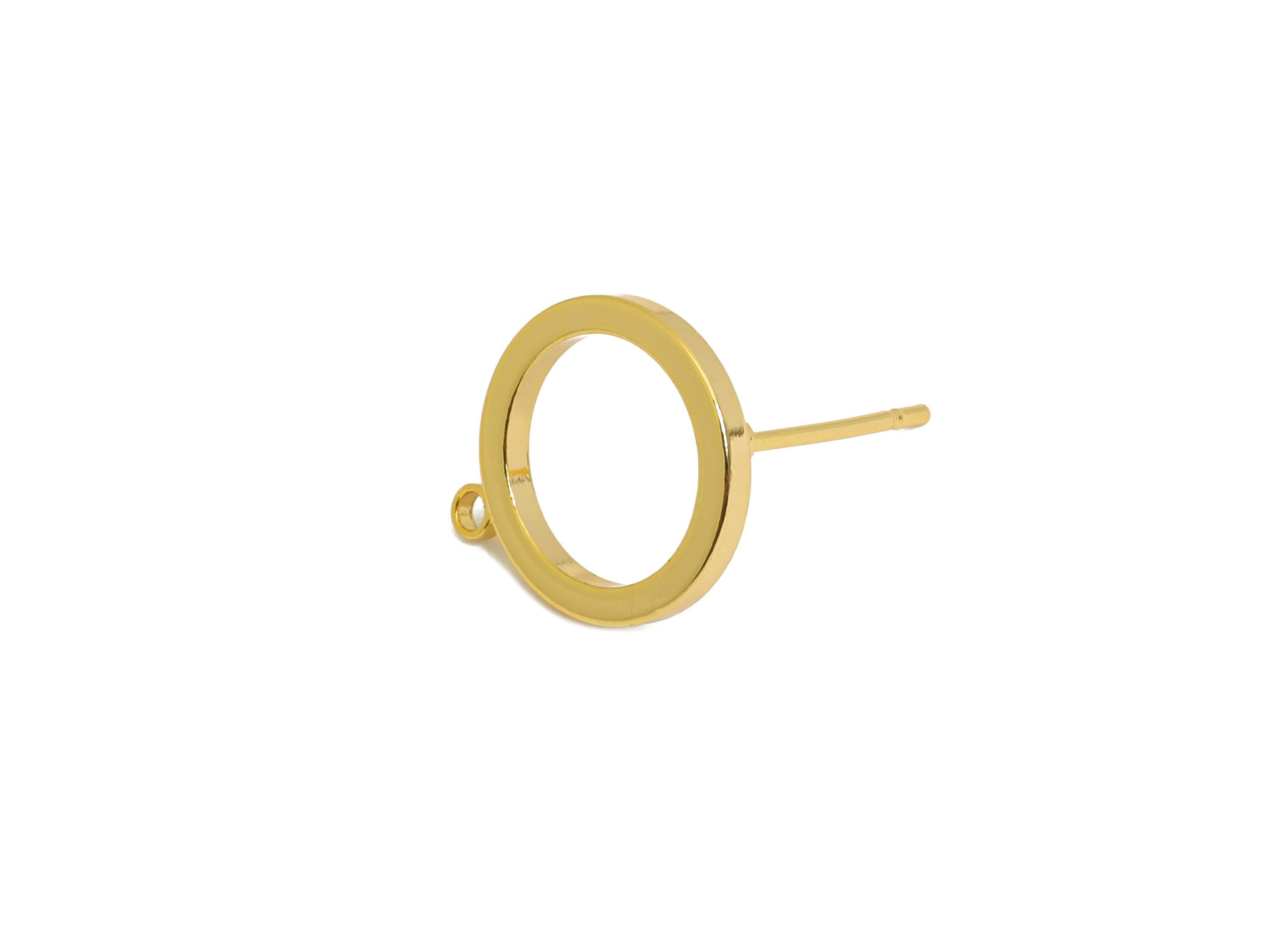 14mm Ring Stud - Brass Minimalist Earring With Loop - Customizable Circle Earring Base - 18K Real Gold Plated - 14x11x1.44mm - RGP9644 - DOMEDBAZAAR
