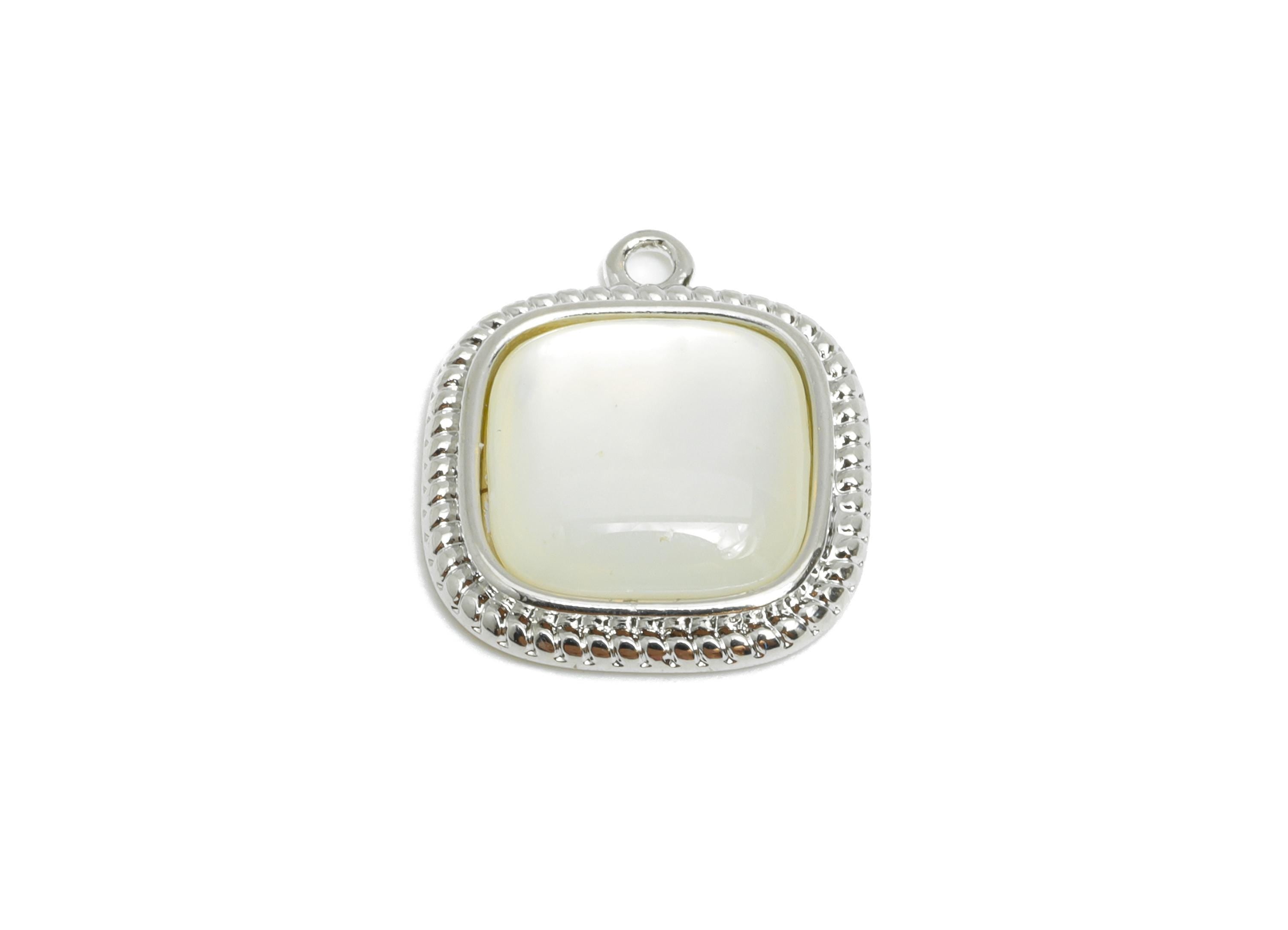 Brass Square Earring Charm - Silver Seashell Pendant for Necklace - Textured Square Charm - 18K White Gold-Plated - 15.8x13.7x3.6mm -RGP9551 - DOMEDBAZAAR