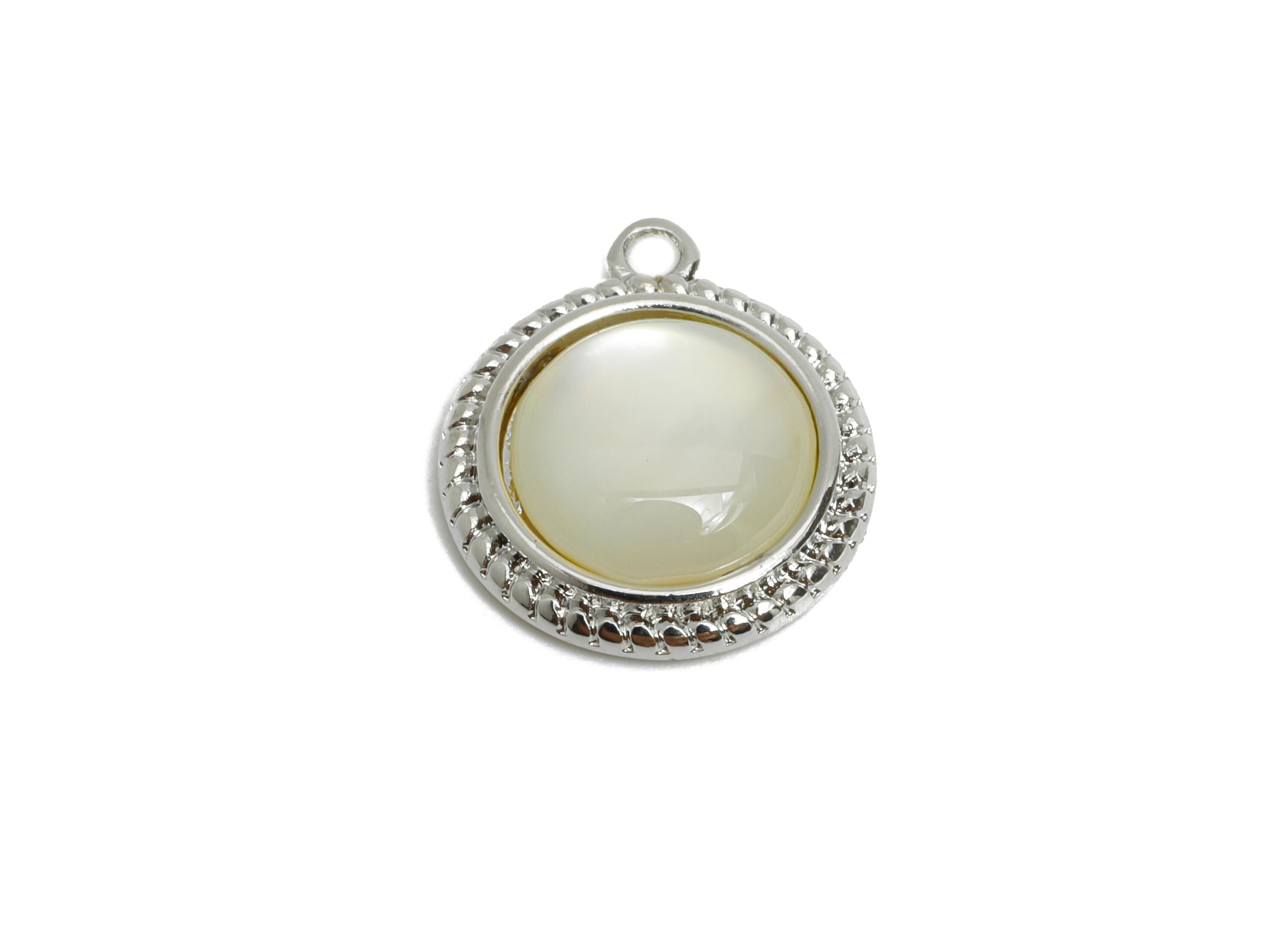 Brass Round Earring Charm - Silver Seashell Pendant for Necklace - Textured Circle Charm - 18K White Gold-Plated - 14.5x12.5x3.73mm -RGP9550 - DOMEDBAZAAR