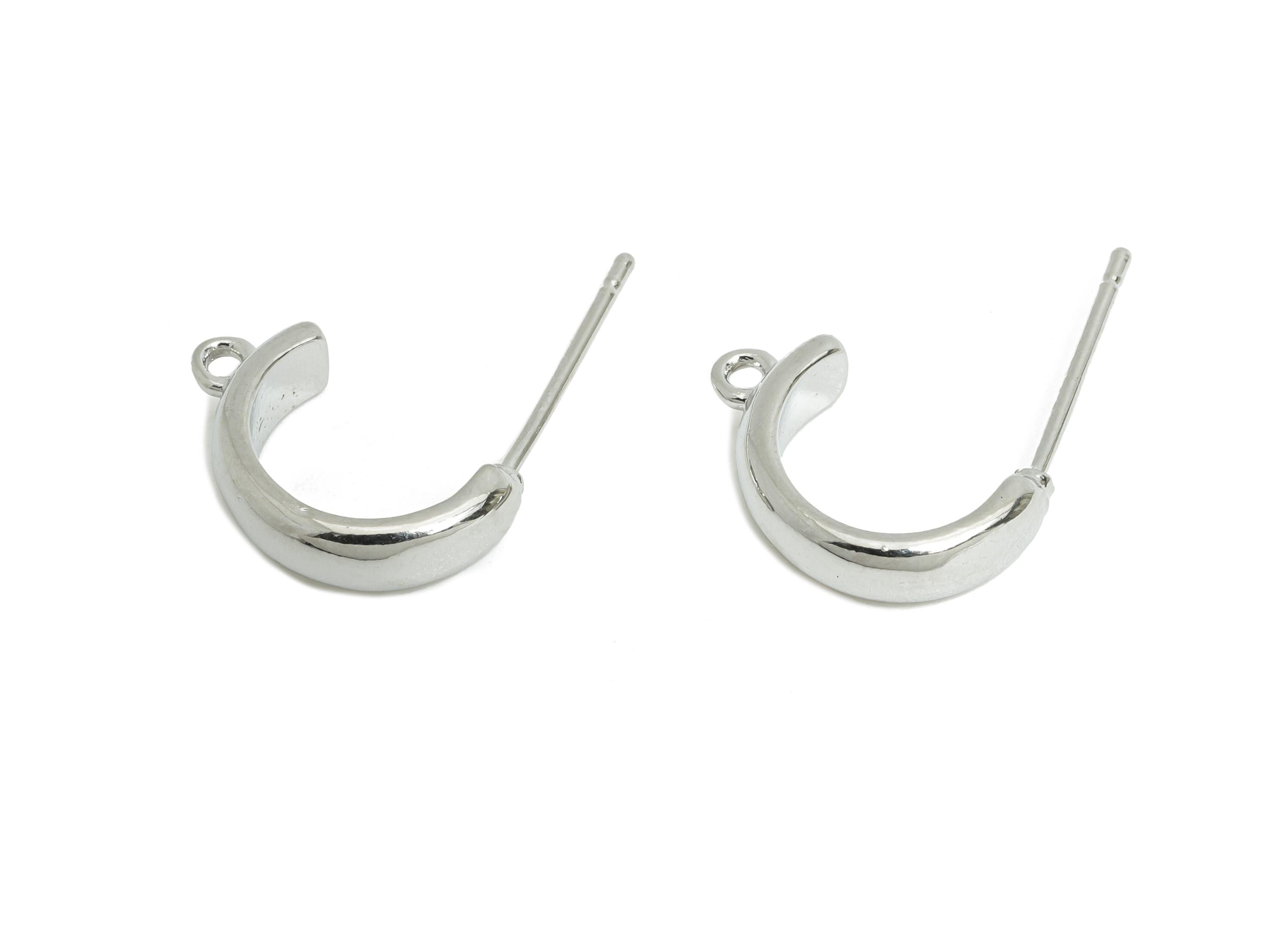 Brass Hoop Earring - Brass Mini C Hoop Earring Post With Loop - Customizable Earring Base - 18K Real White Gold Plated - 14x8x3mm - RGP9656S - DOMEDBAZAAR