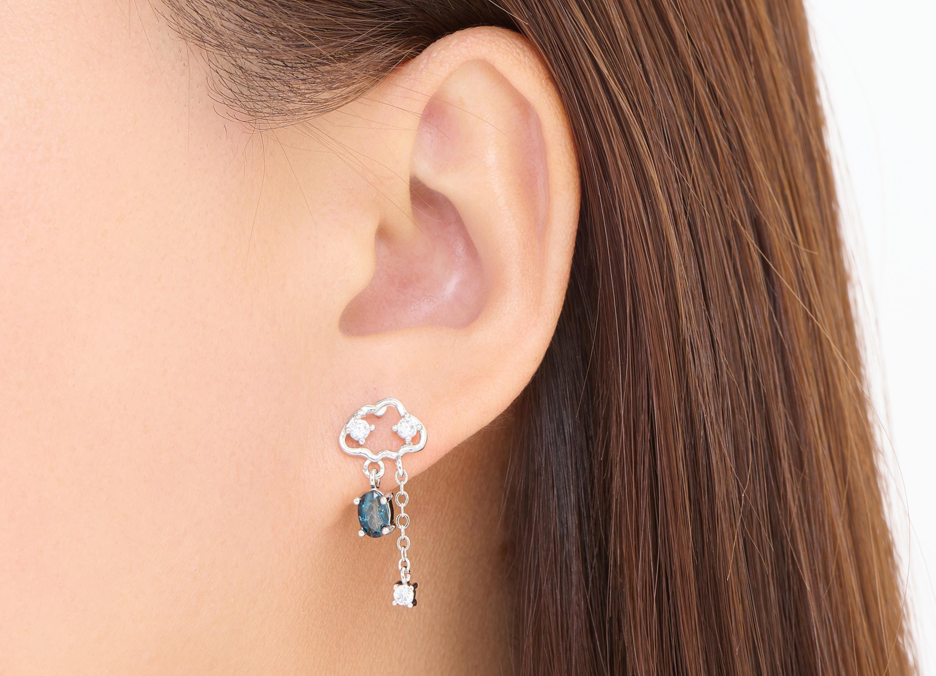 Topaz Brass Dangle Cloud Stud - Chic Zircon Raindrop Hanging Gem Post - Jewelry Making - Silver Stud - White K Plated - 24x11x3.67mm-NS2570 - DOMEDBAZAAR