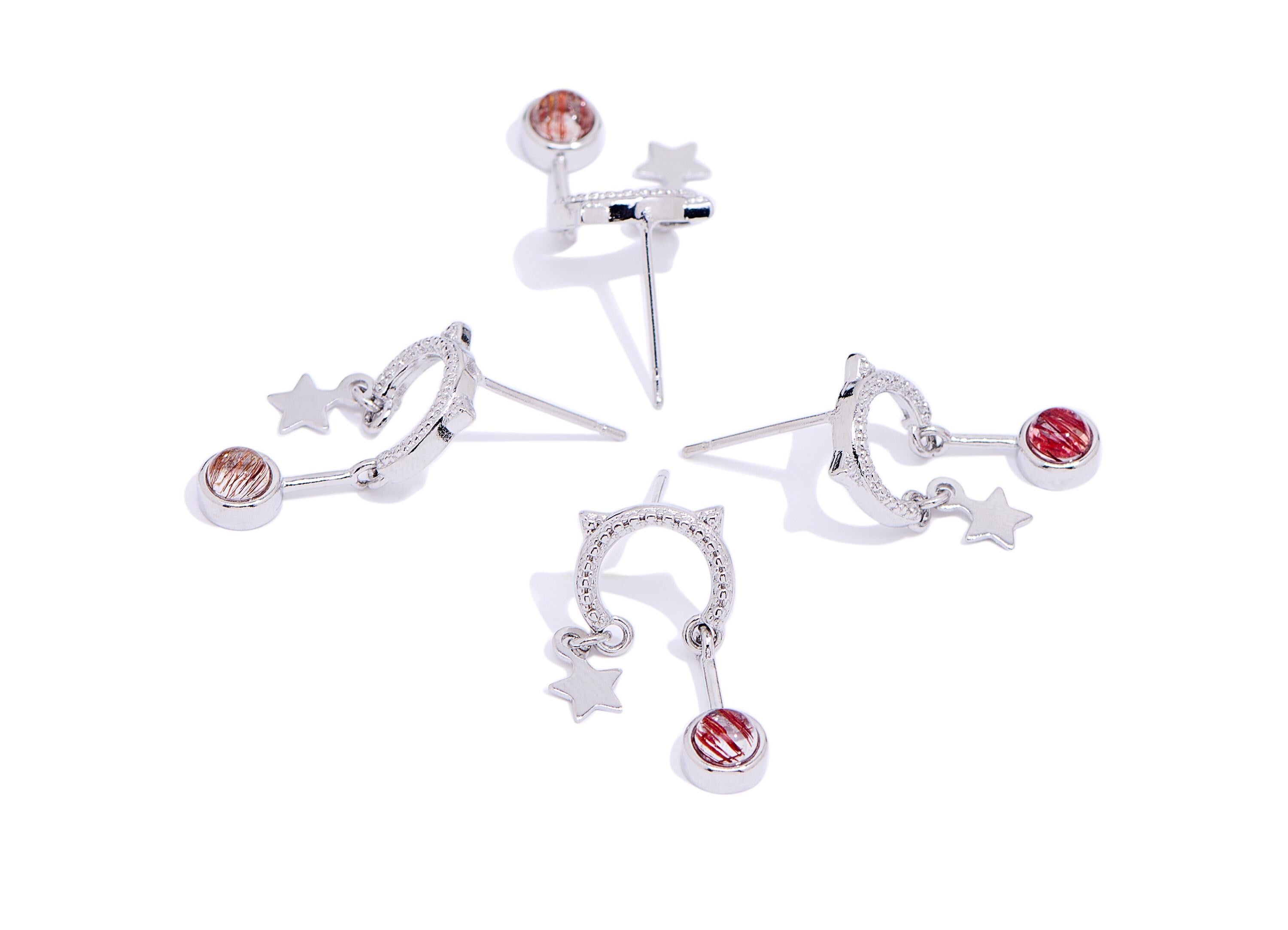 Hairite Brass Dangle Cat Studs - Chic Celestial Star Hanging Gem Posts - Jewelry Making - Silver Stud - White K Plated - 21x10x4mm - NS2636 - DOMEDBAZAAR