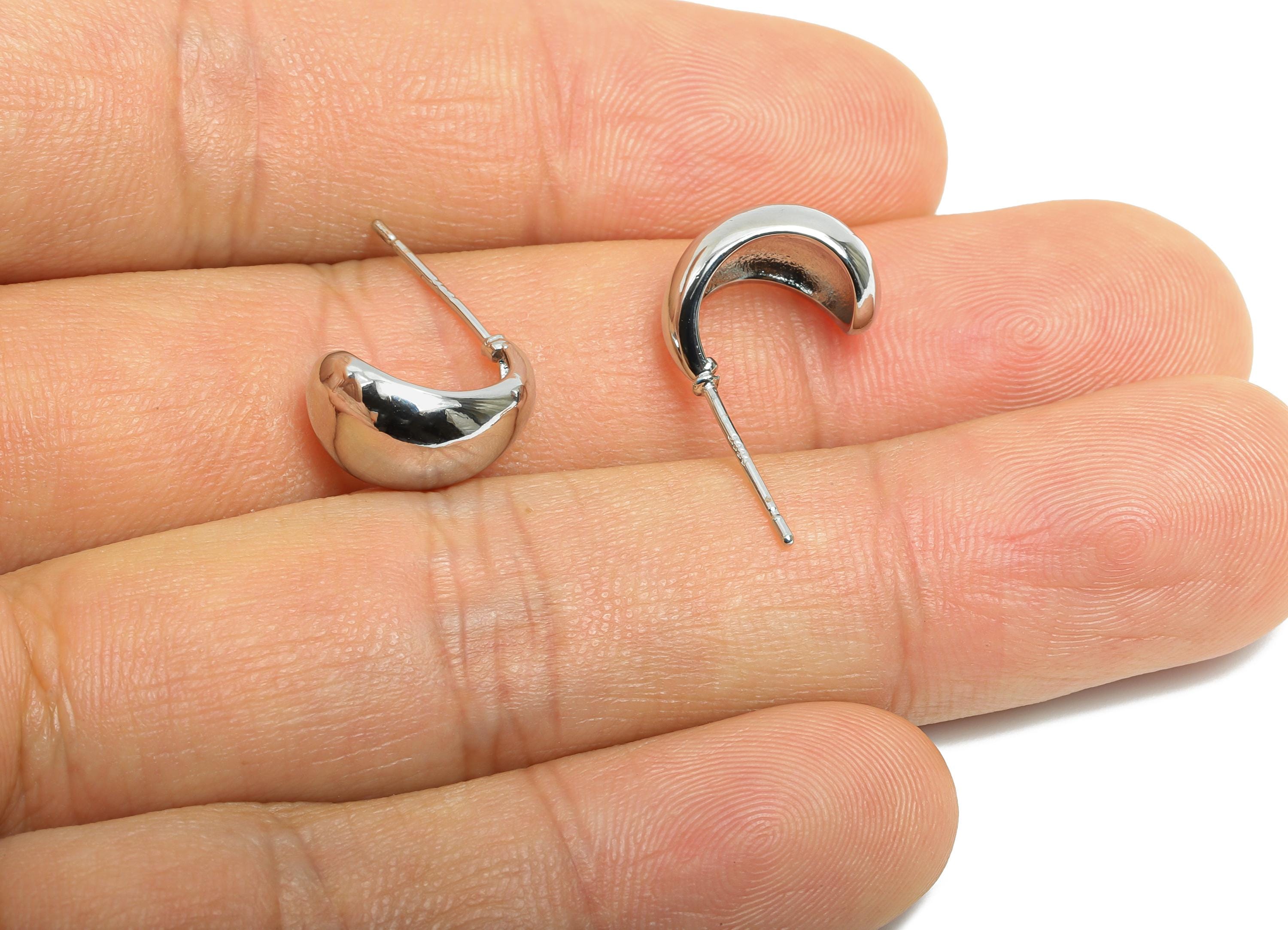 Brass Drop Hoop Earring - Brass Minimalist Hoop Earring - Silver Shiny Earring Base - 18K Real White Gold Plated - 12x8x9mm - RGP9651S - DOMEDBAZAAR