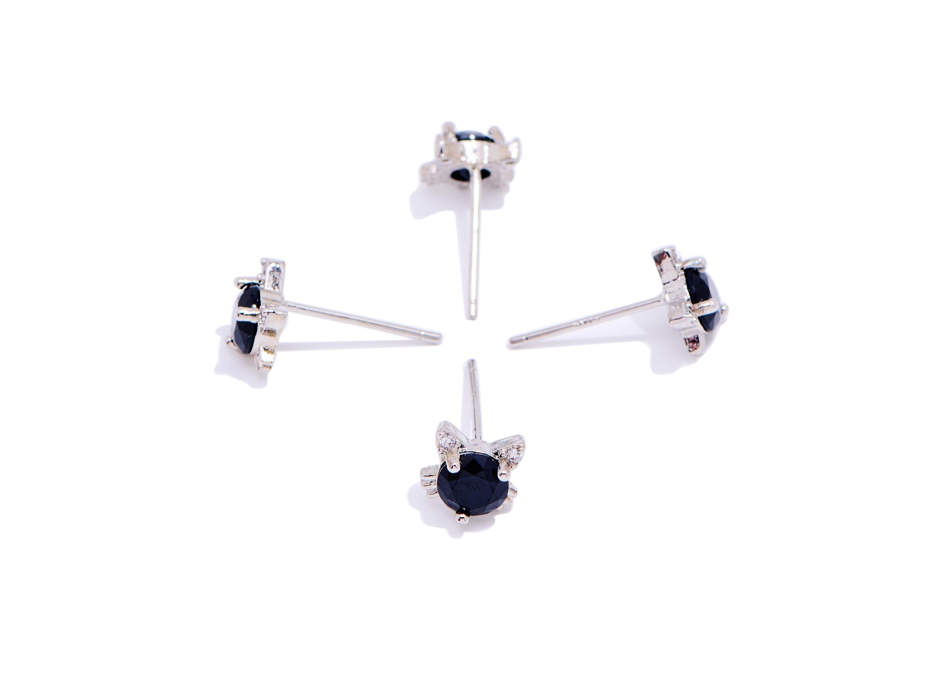 Black Spinel Brass Cat Stud - Cute Zircon Animal Earring Post - Minimalist Jewelry Making - Silver Stud - White K Plated - 7x6x3mm - NS2571 - DOMEDBAZAAR