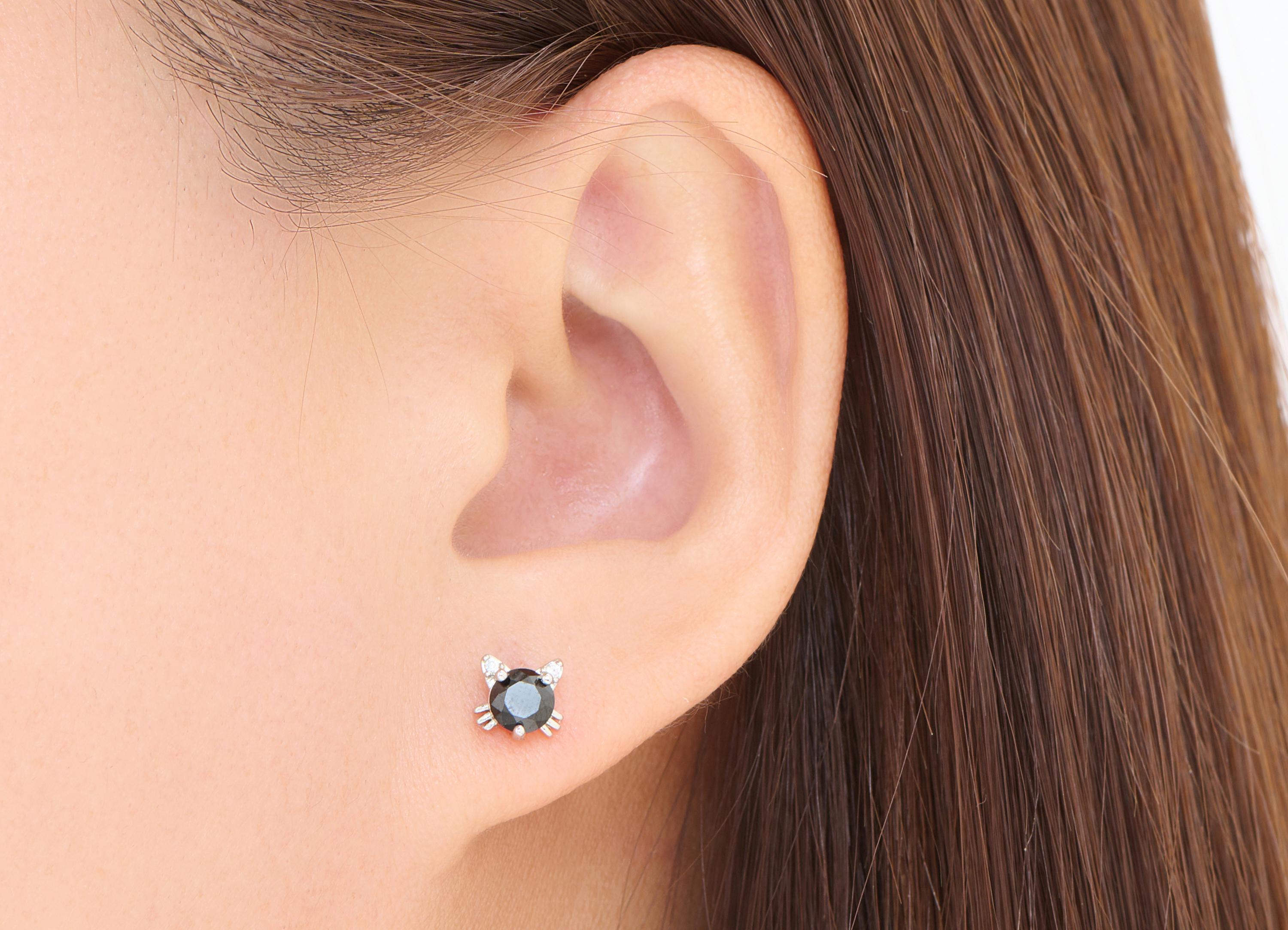 Black Spinel Brass Cat Stud - Cute Zircon Animal Earring Post - Minimalist Jewelry Making - Silver Stud - White K Plated - 7x6x3mm - NS2571 - DOMEDBAZAAR
