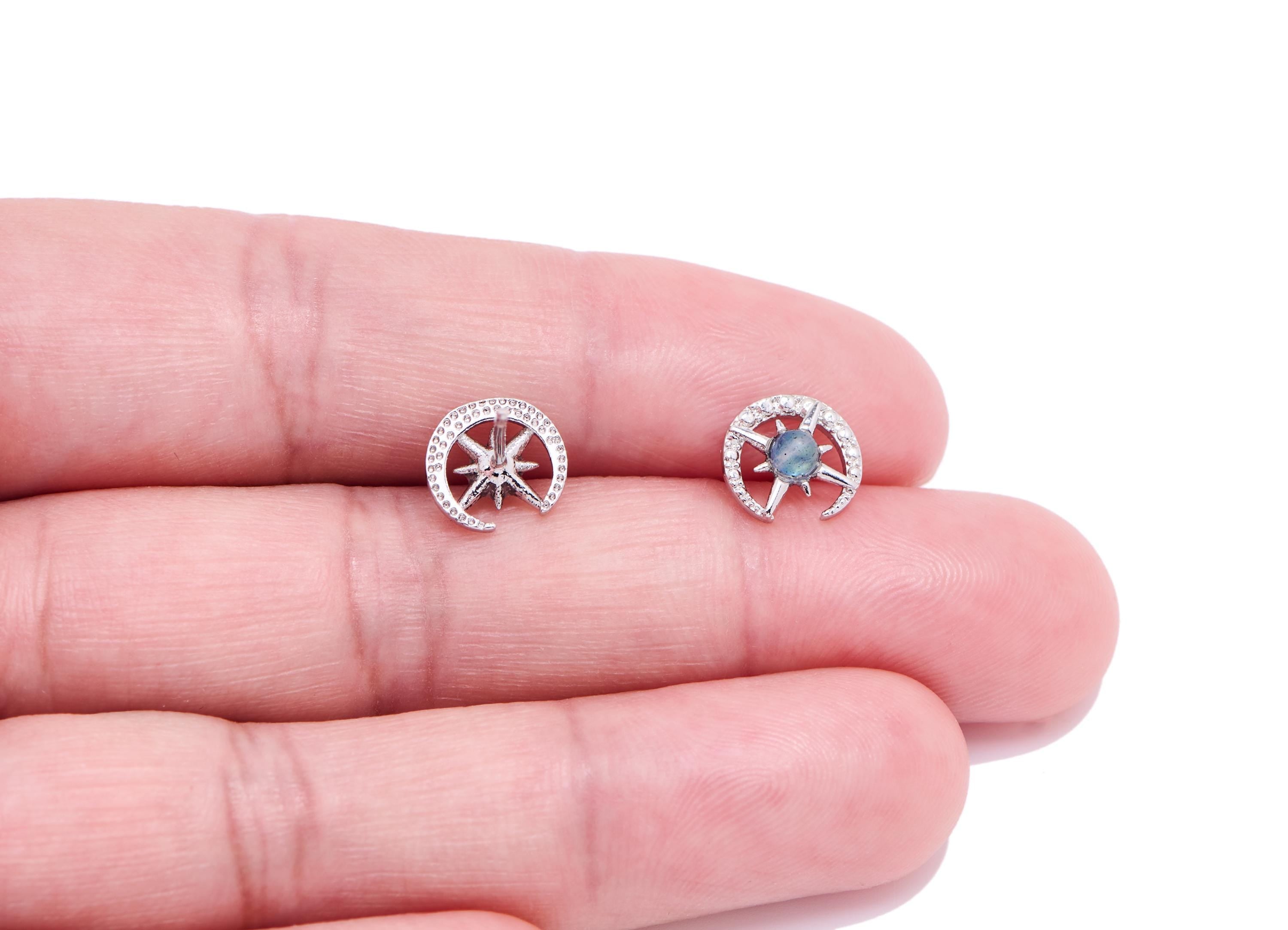 Moonstone Brass Star Compass Stud - Refined Crescent Gemstone Post - Jewelry Making - Silver Stud - White K Plated - 8.93x8.3x3.5mm - NS2651 - DOMEDBAZAAR