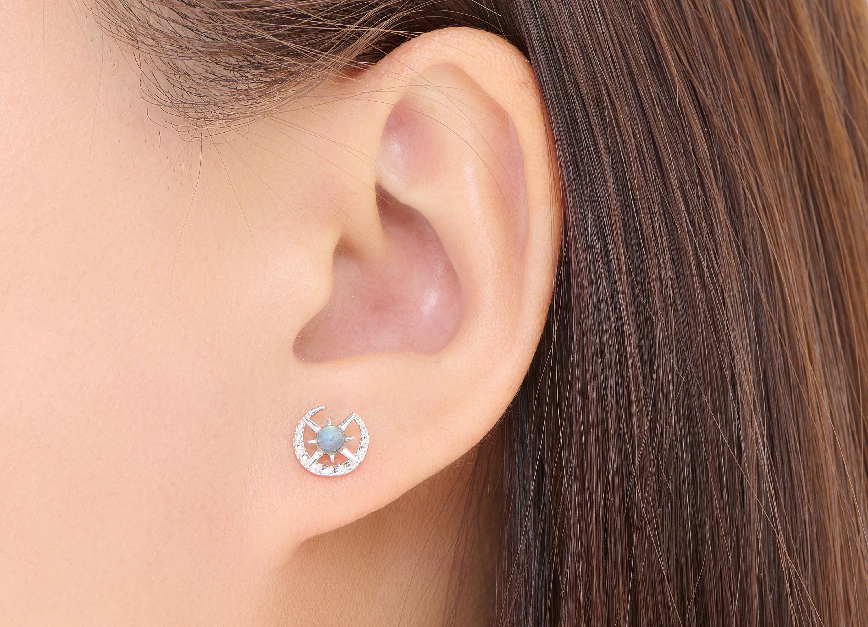 Moonstone Brass Star Compass Stud - Refined Crescent Gemstone Post - Jewelry Making - Silver Stud - White K Plated - 8.93x8.3x3.5mm - NS2651 - DOMEDBAZAAR