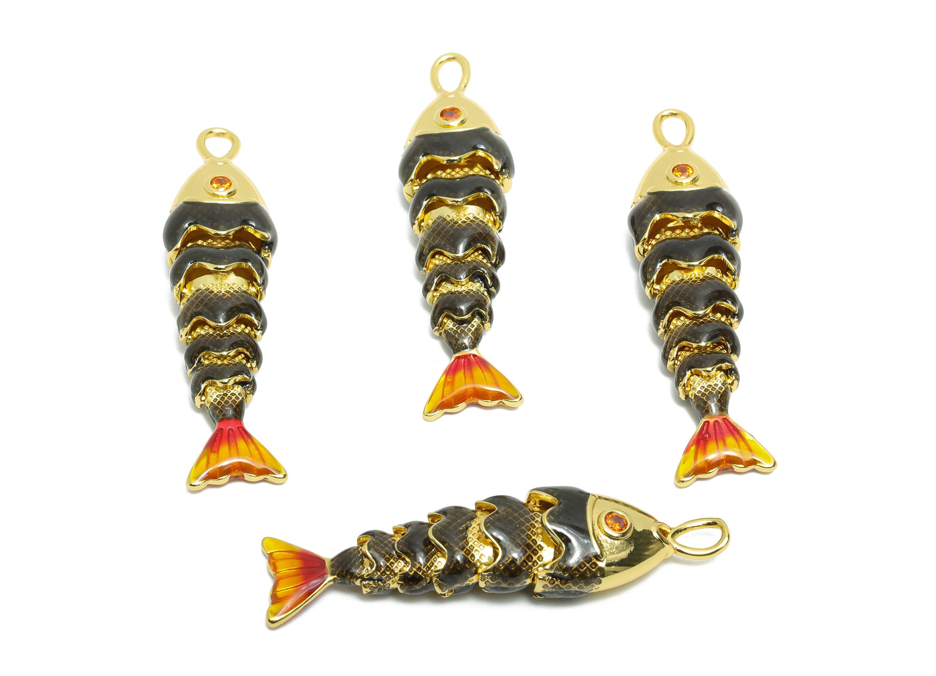 Dainty Cloisonne Enamel Fish Charm - Brass Movable Fish Charm - CZ Handmade Articulated Fish - 18K Real Gold Plating - 40x10x7mm - RGP10441 - DOMEDBAZAAR