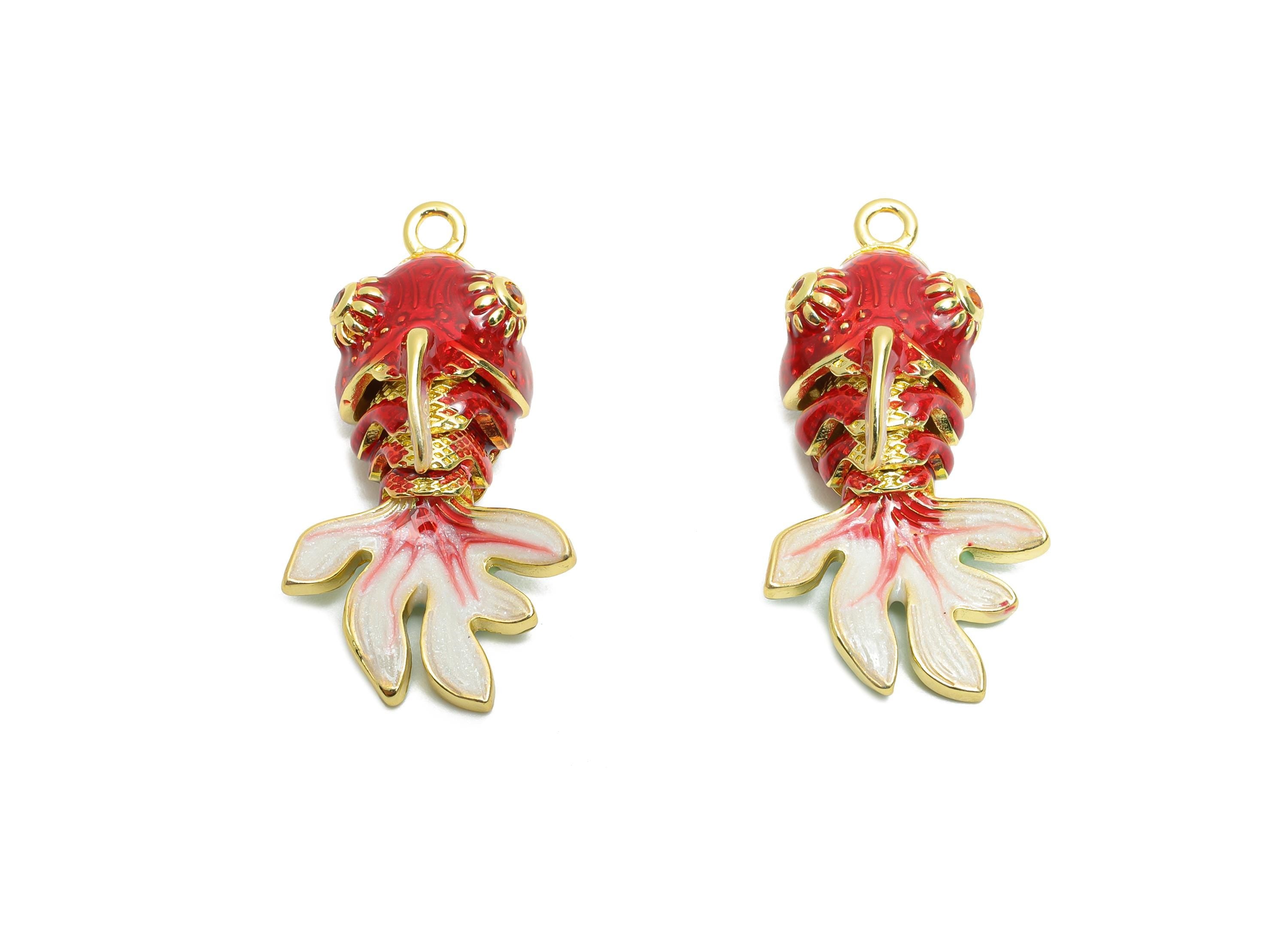 Dainty Cloisonne Enamel Fish Charm - Brass Colorful Movable Fish Charm - Active Fish Pendant - 18K Real Gold Plating - 29x15x10mm - RGP10451