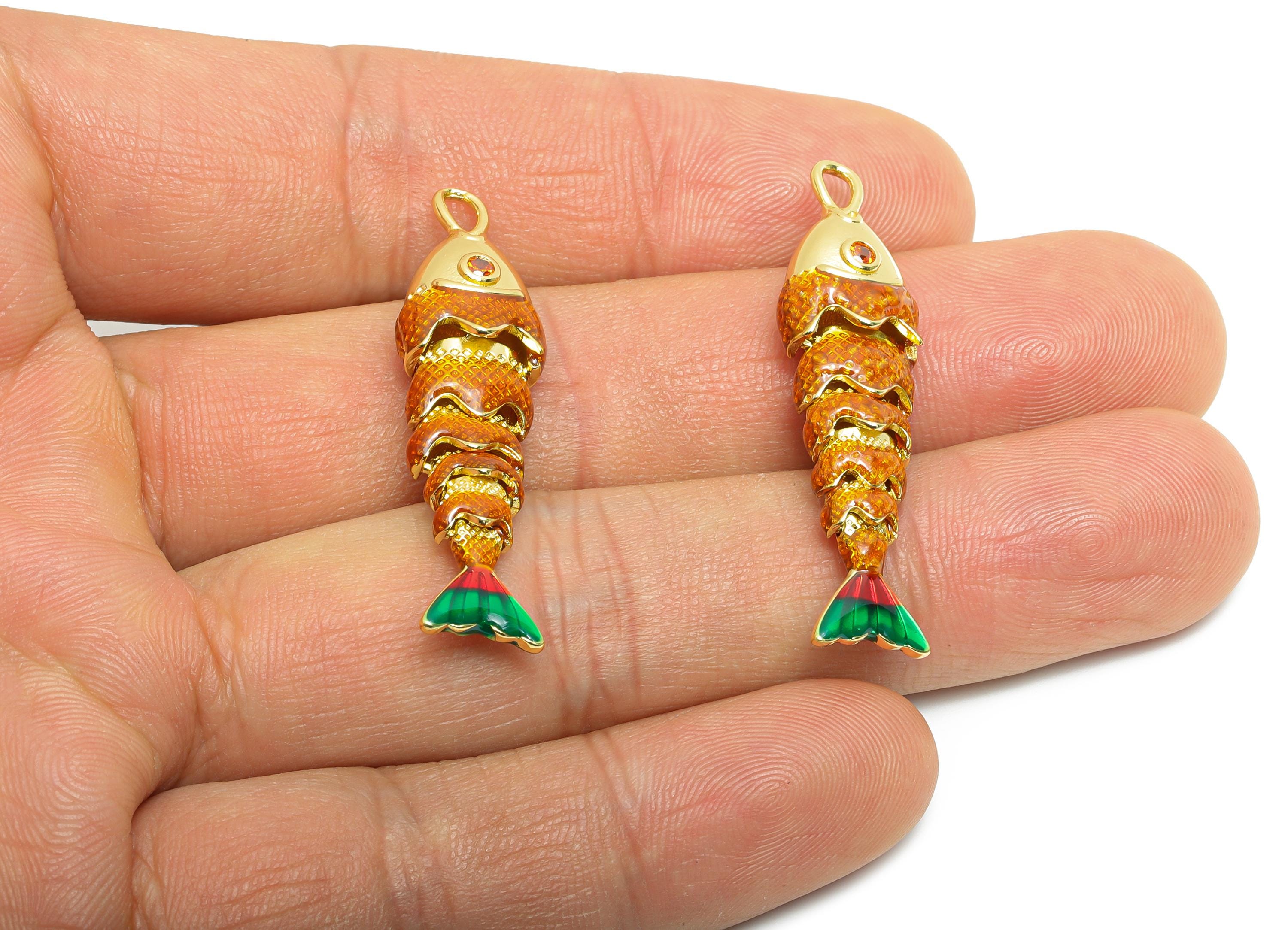 Brass Cloisonne Enamel Fish Charm - Refined Movable Fish Charm - CZ Handmade Articulated Fish - 18K Real Gold Plated - 40x10.7x7mm -RGP10443 - DOMEDBAZAAR