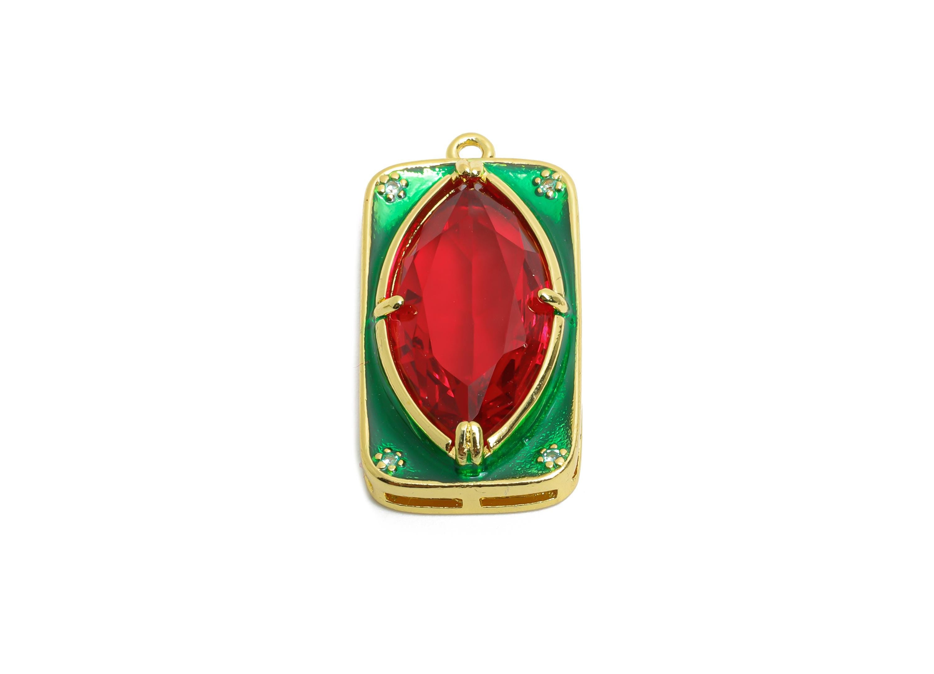Brass Rectangle Charm - Marquise Glass Enamel Pendant - Statement CZ Geometric Jewelry - 18K Real Gold Plated - 27.15x14x6.52mm - RGP10444 - DOMEDBAZAAR