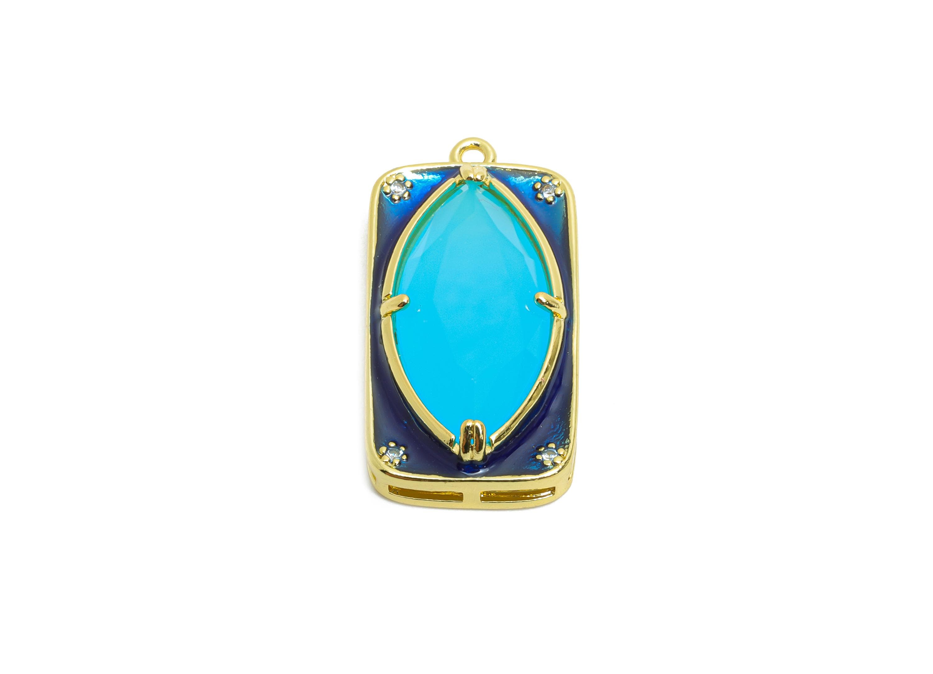 Brass Rectangle Charm - Marquise Glass Enamel Pendant - Statement CZ Geometric Jewelry - 18K Real Gold Plated - 27.15x14x6.52mm - RGP10446 - DOMEDBAZAAR