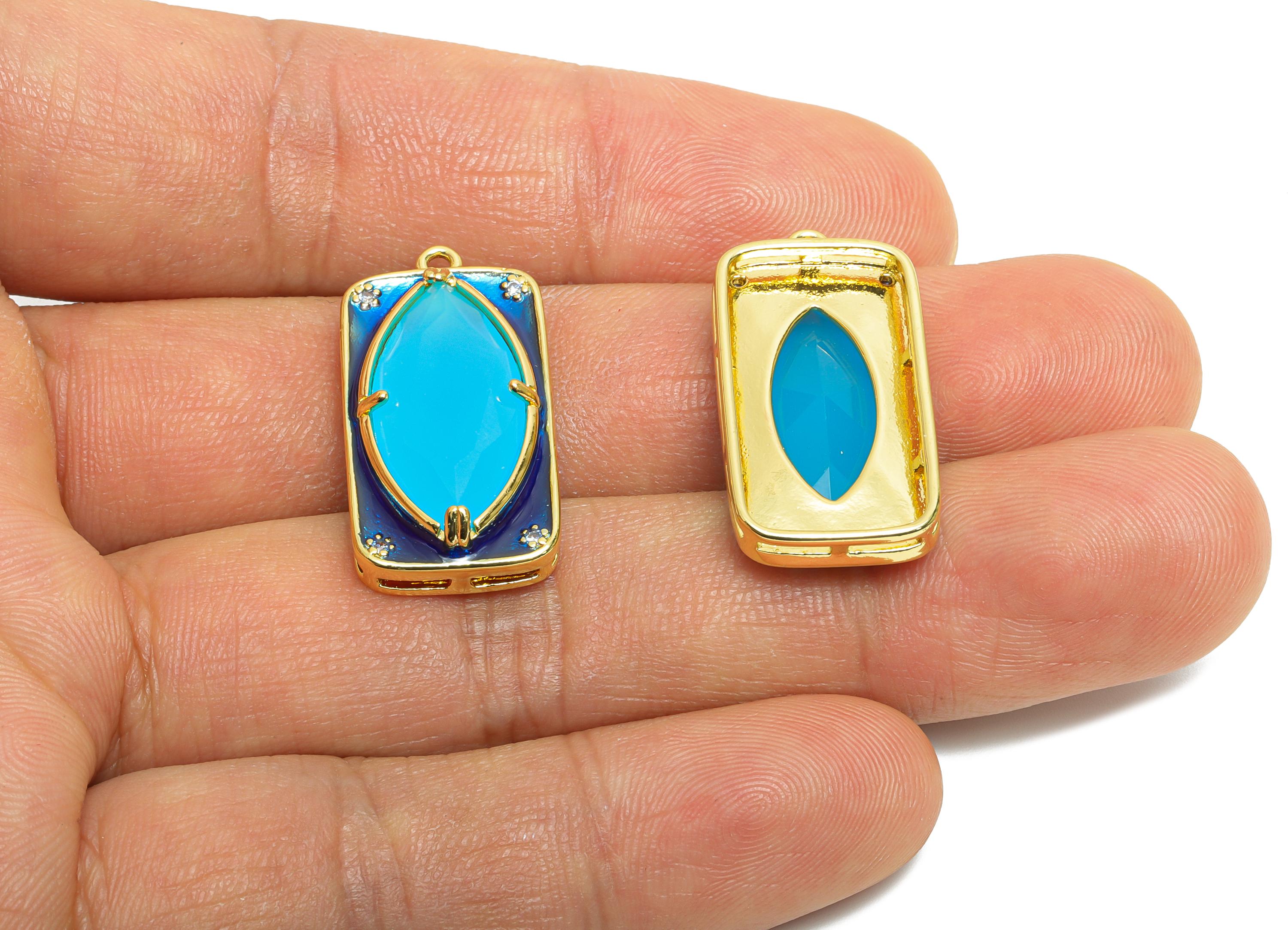 Brass Rectangle Charm - Marquise Glass Enamel Pendant - Statement CZ Geometric Jewelry - 18K Real Gold Plated - 27.15x14x6.52mm - RGP10446 - DOMEDBAZAAR