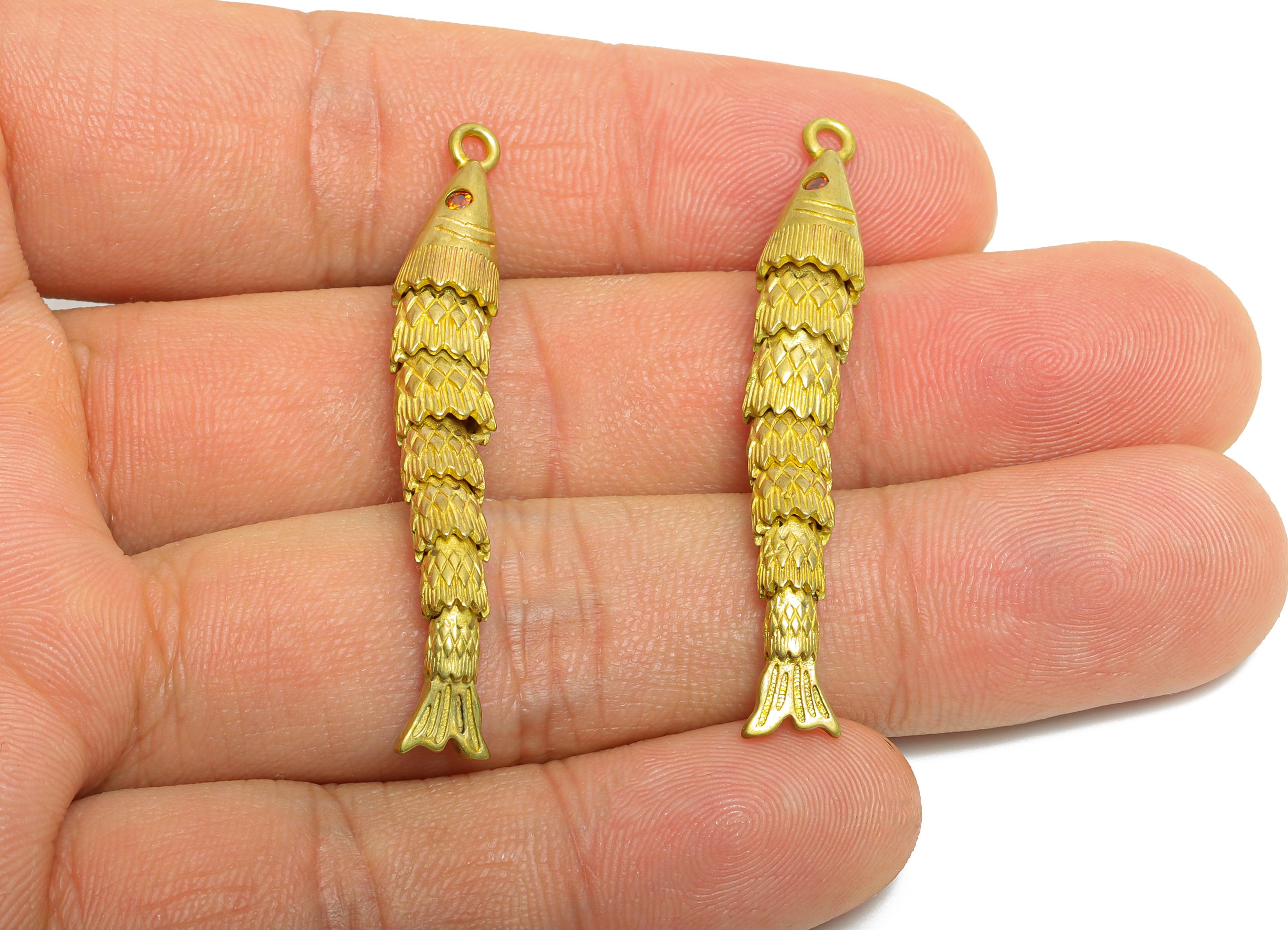 Movable 3D Articulated Fish Charm - Marine Pendant - Brass Zircon Fish Charm - DIY Bracelet Necklace Jewelry Making - 49x7x6mm - PP11128 - DOMEDBAZAAR