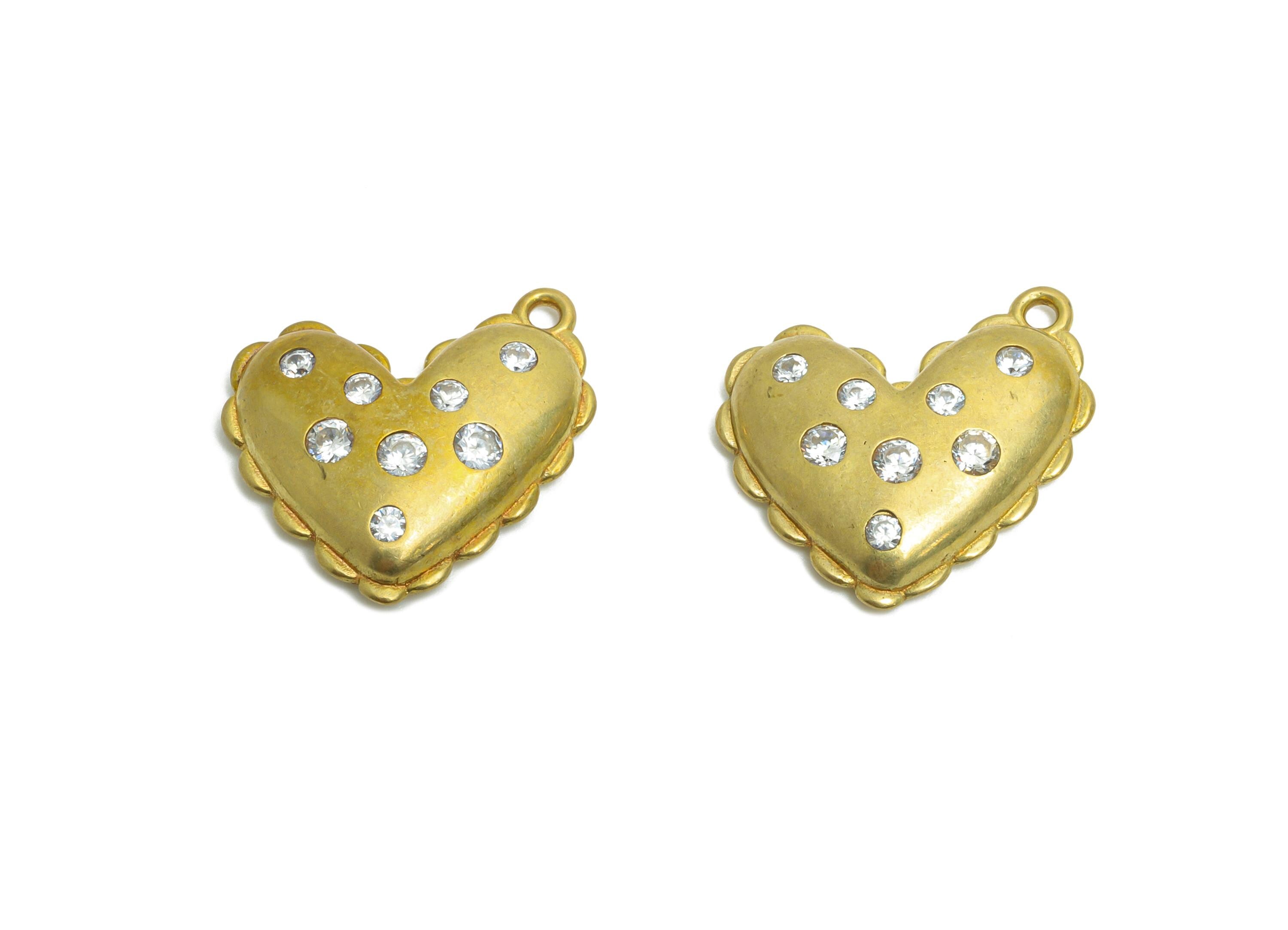 Brass Heart Earring Charms - Raw Brass Romantic Heart Pendant - Elegant Zircon Heart Charms - Decorative Jewelry - 16.8x15x3.56mm - PP11092 - DOMEDBAZAAR