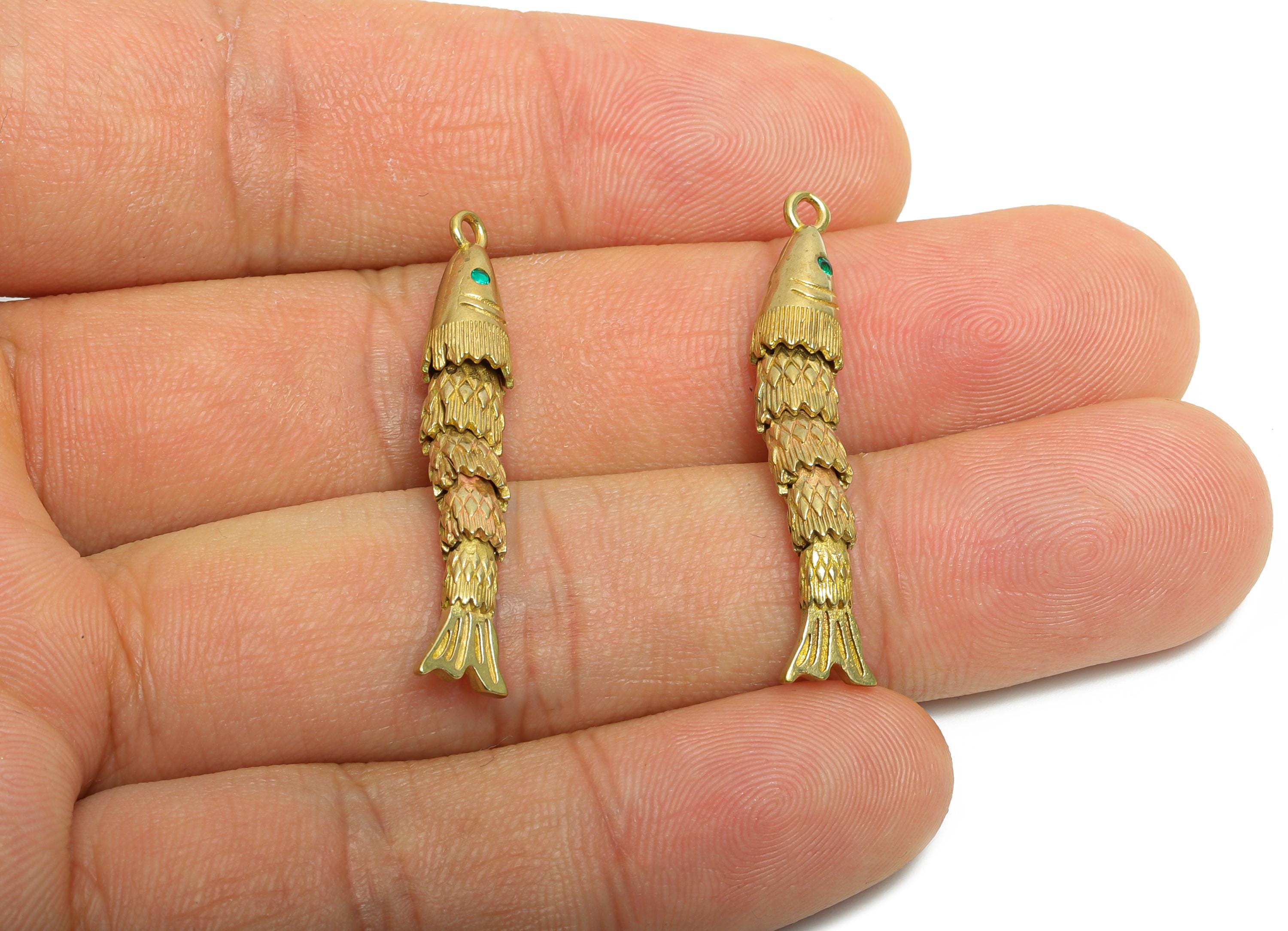 Movable 3D Articulated Fish Charm - Brass Green Zircon Fish Charm - DIY Bracelet Necklace Jewelry Making - Marine Pendant - 36x6x5mm-PP11123 - DOMEDBAZAAR