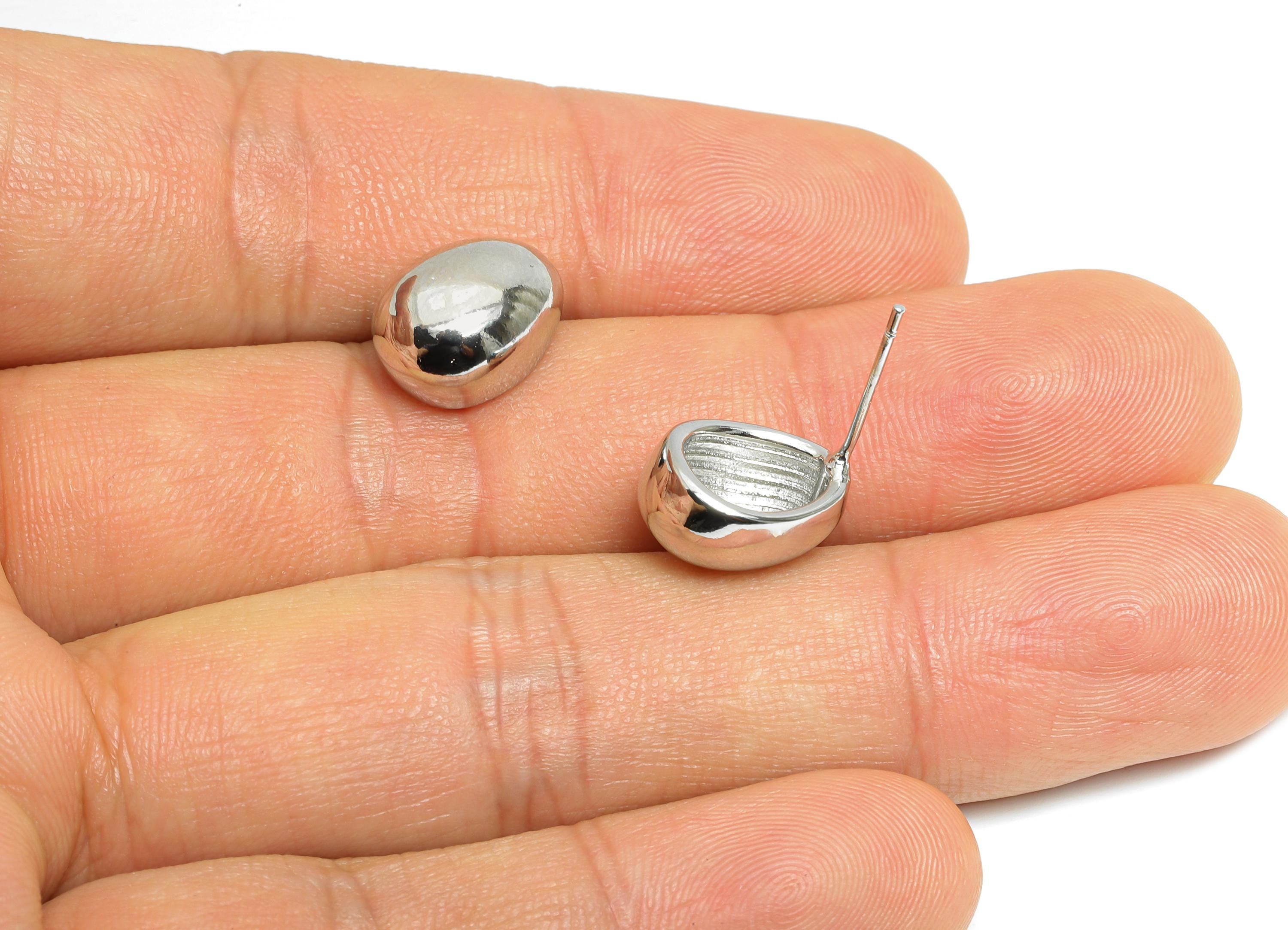 Brass Domed Earring Post - Brass Shiny Ball Half Earring Stud - Timeless Gold Button Earring - 18K Real White Gold Plated -12x8x9mm-RGP9659S - DOMEDBAZAAR