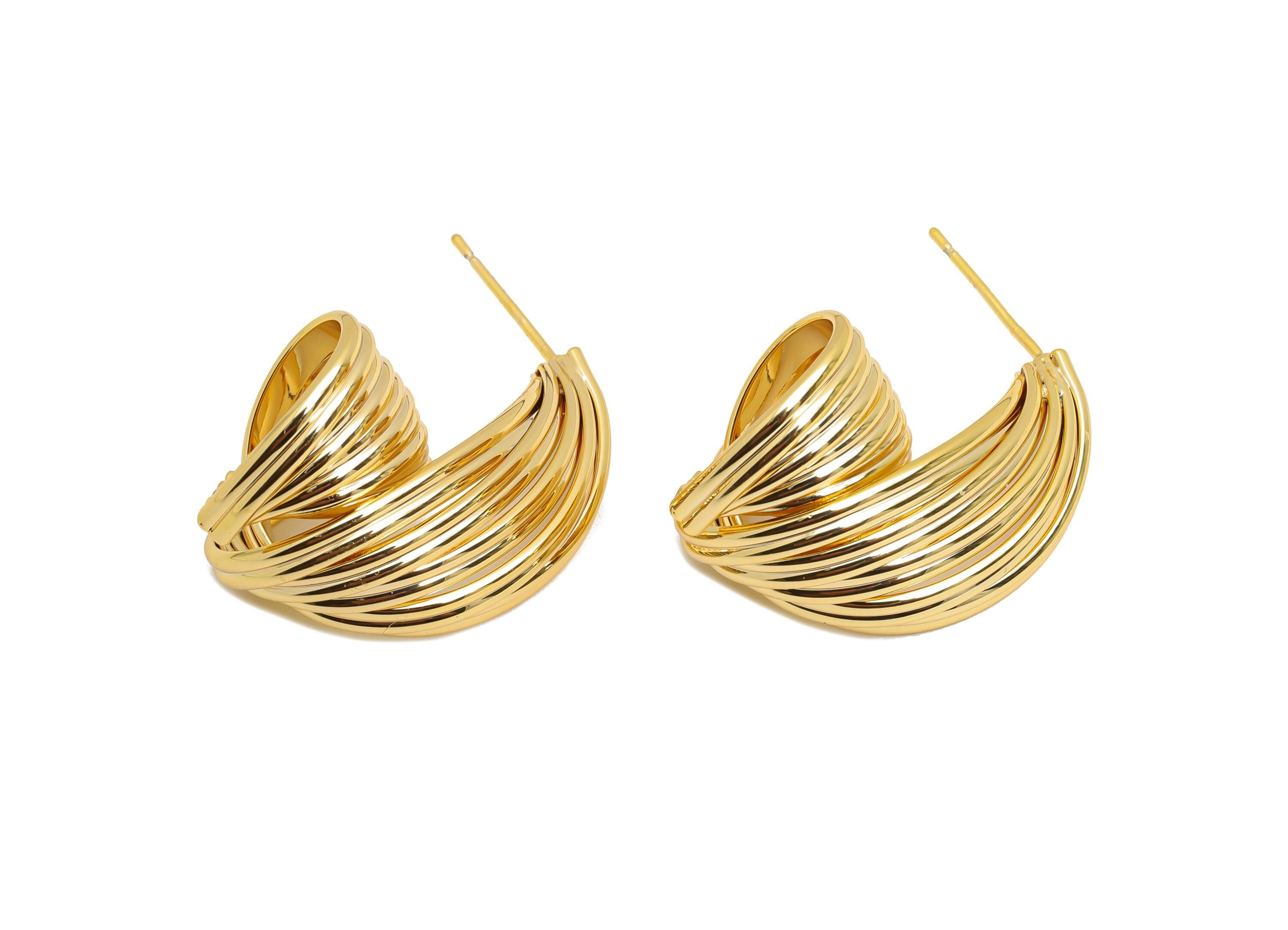 Twisted Hoop Earring Stud - Brass Bold Ribbed Snail Earring Stud - Layered Spiral Oversized Hoop - 18K Real Gold Plating -29x20x15mm-RGP9688 - DOMEDBAZAAR