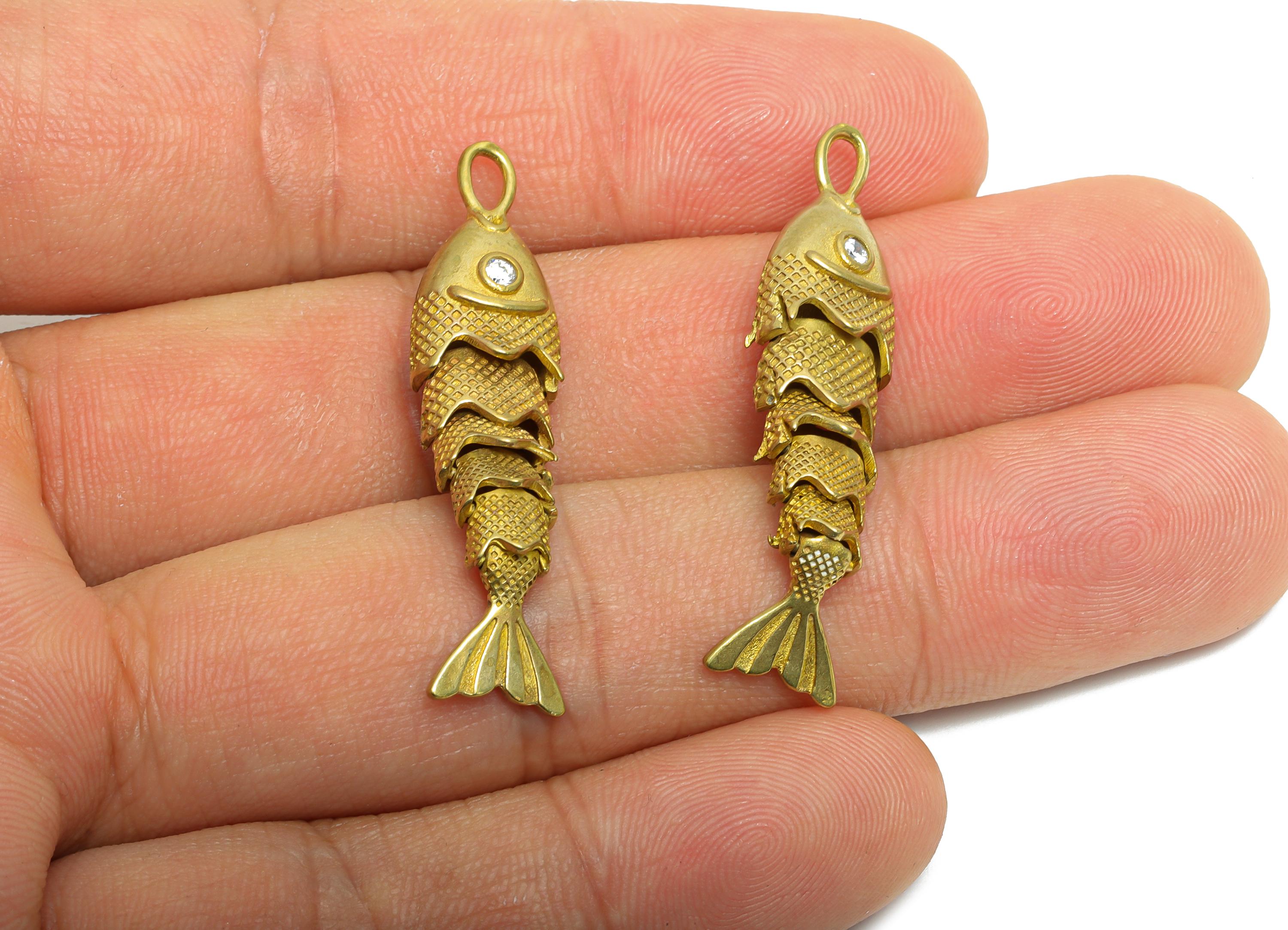 Movable 3D Articulated Fish Charm - Brass Sparking Fish Charm - DIY Bracelet Necklace Jewelry Making - Marine Pendant - 40x9.7x7mm - PP11118 - DOMEDBAZAAR