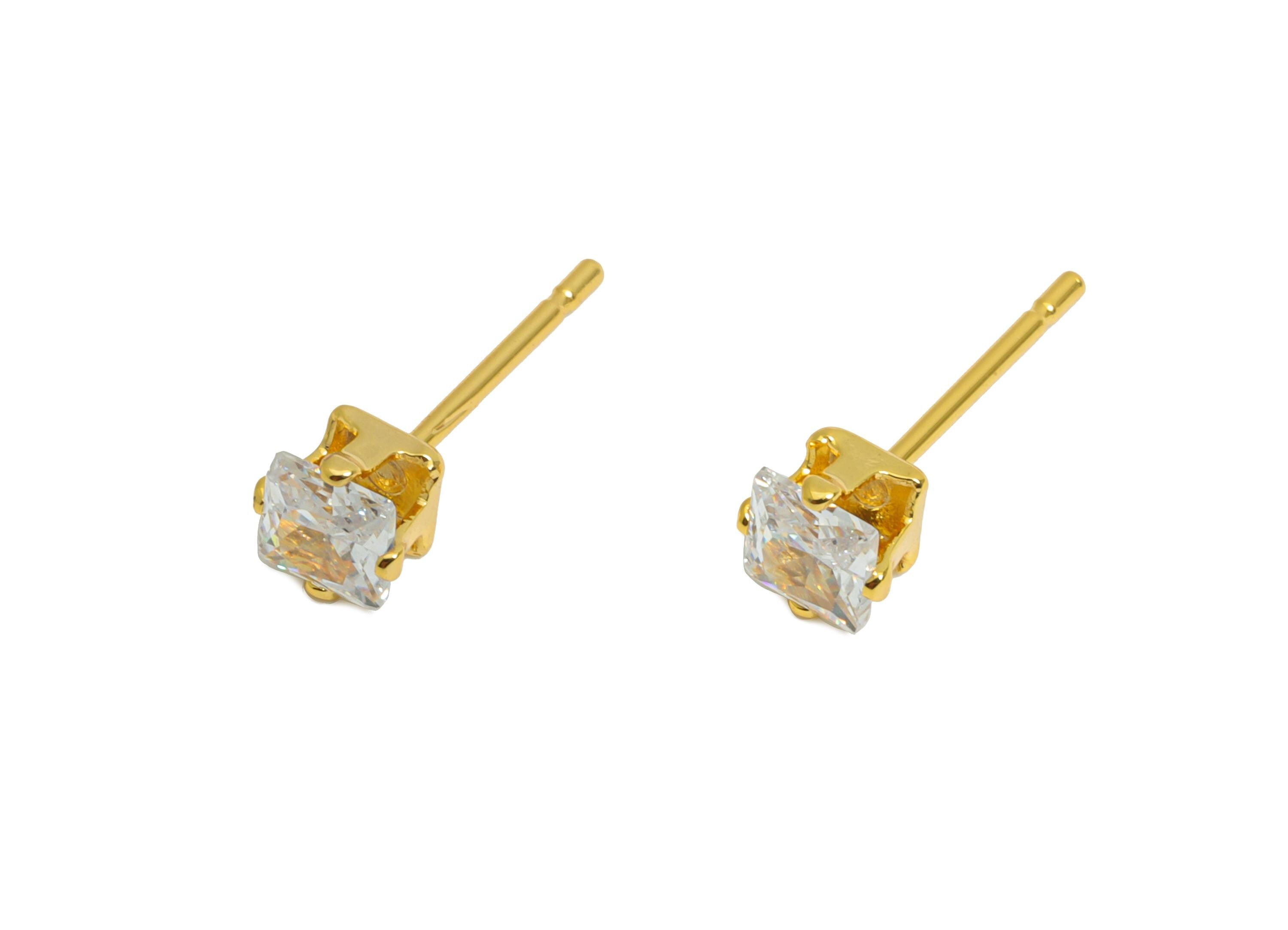 Minimalist Square Earring Post - Brass Simple Gem Stud - Cubic Zircon Sparkling Gold Ear Post - 18K Real Gold Plated - 5x4x4mm - RGP9638-4 - DOMEDBAZAAR