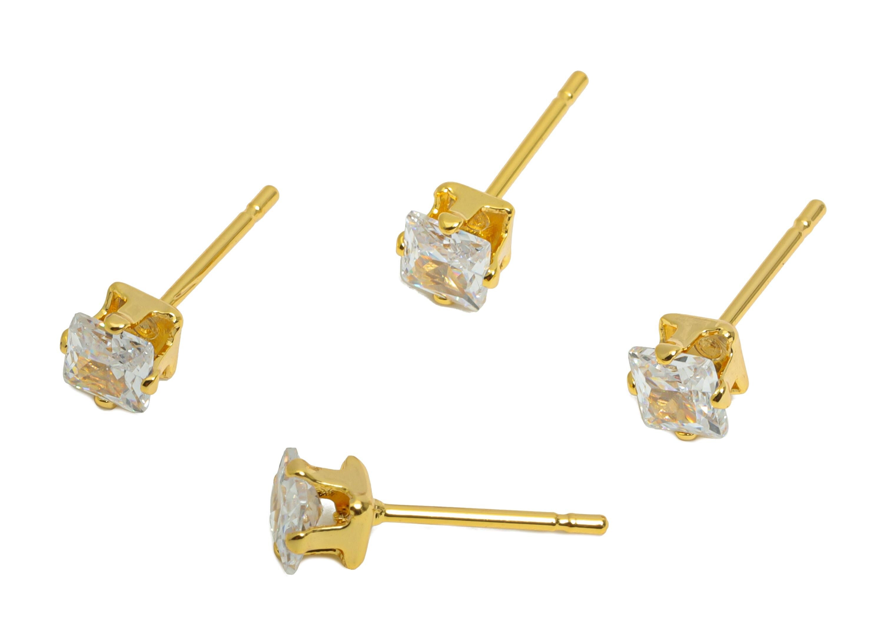 Minimalist Square Earring Post - Brass Simple Gem Stud - Cubic Zircon Sparkling Gold Ear Post - 18K Real Gold Plated - 5x4x4mm - RGP9638-4 - DOMEDBAZAAR