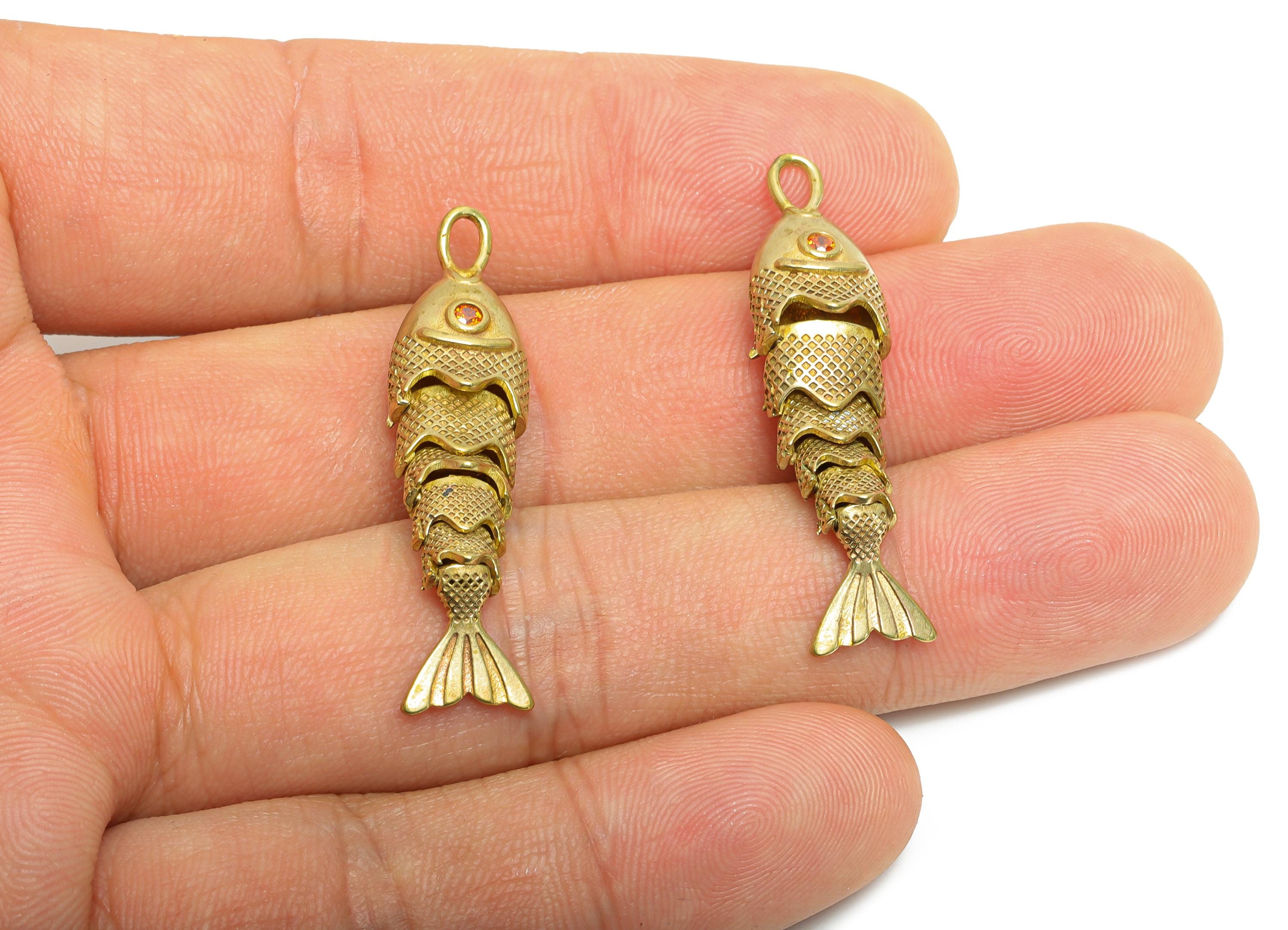 Movable Articulated Fish Charm - Brass Orange CZ Charm - DIY Bracelet Necklace Handmade Fish Charm -  Marine Pendant - 40x9x7mm - PP11120 - DOMEDBAZAAR