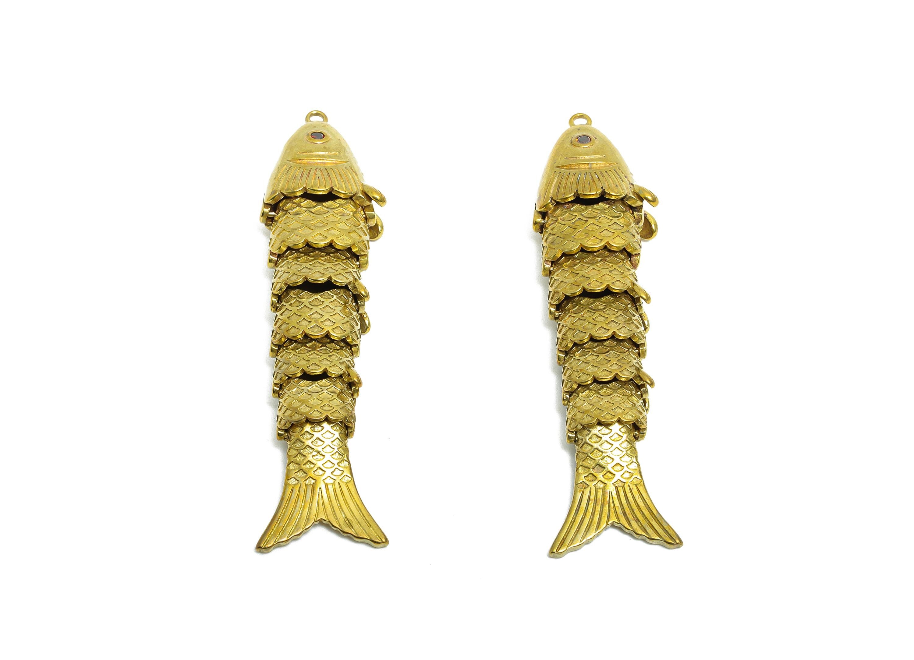 Movable Articulated Fish Charm - Brass Textured CZ Fish Charm - DIY Bracelet Necklace Handmade Marine Pendant - 60x15.38x9.68mm - PP11108 - DOMEDBAZAAR