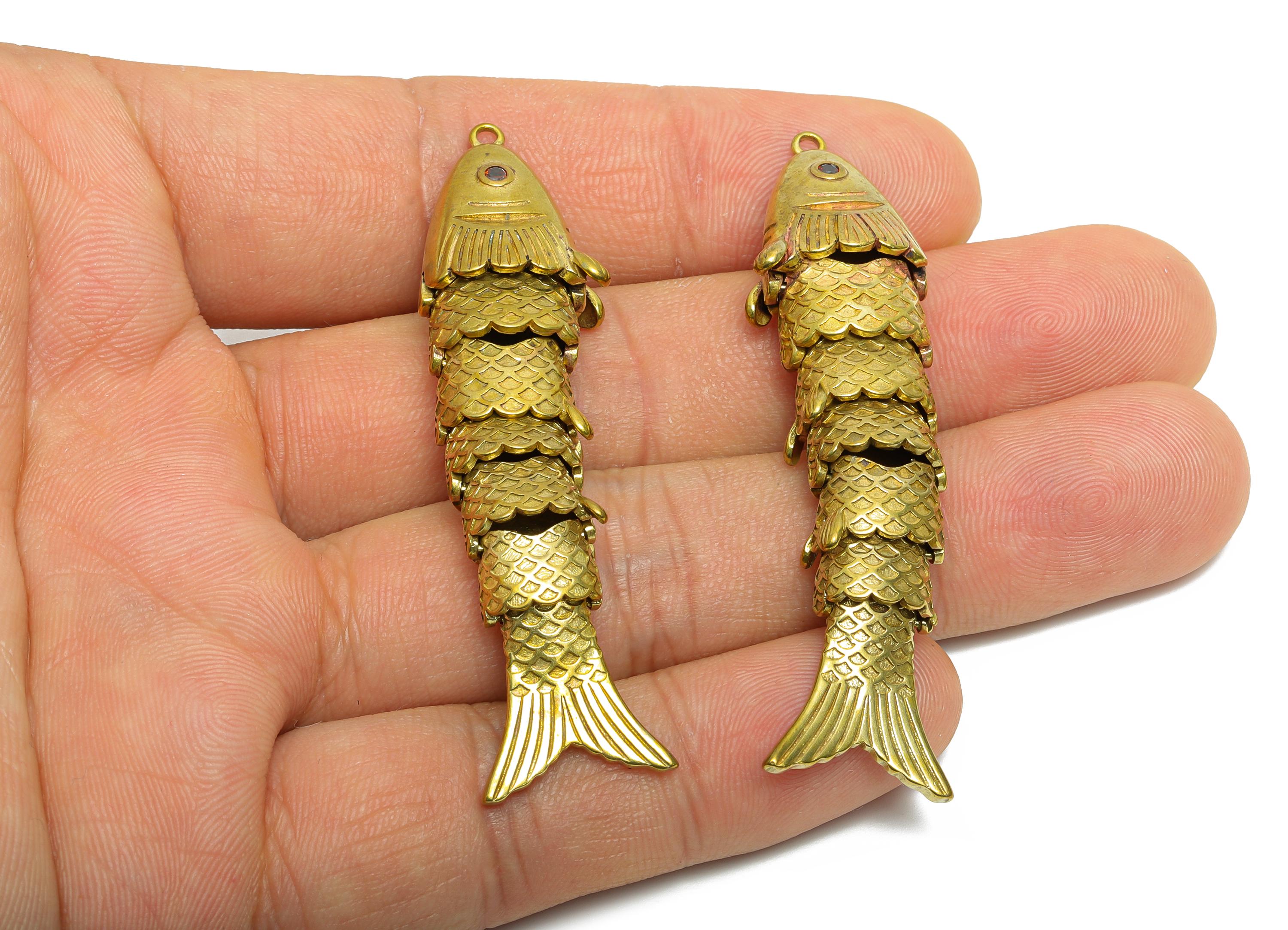 Movable Articulated Fish Charm - Brass Textured CZ Fish Charm - DIY Bracelet Necklace Handmade Marine Pendant - 60x15.38x9.68mm - PP11108 - DOMEDBAZAAR