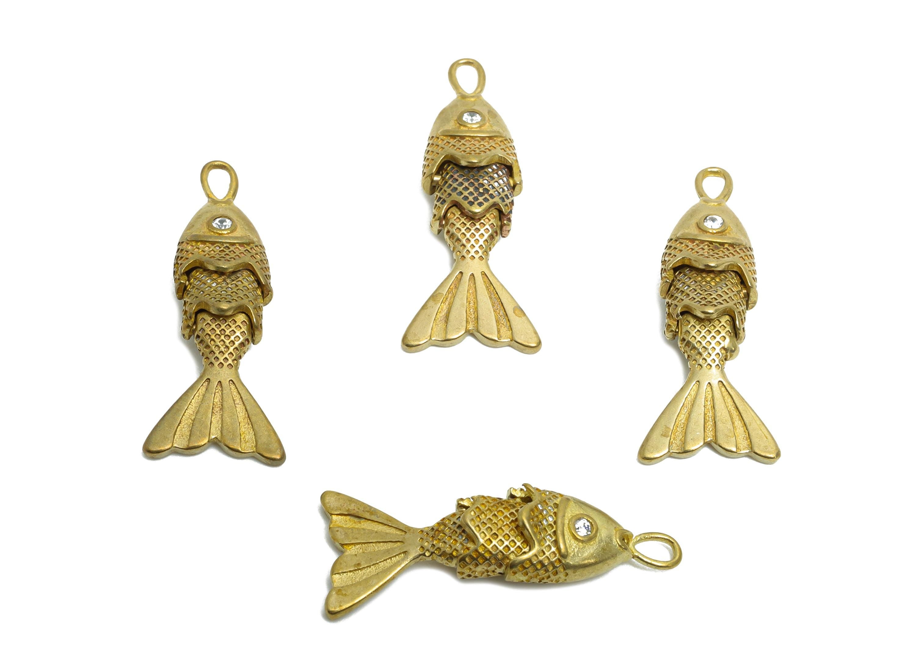 Movable Articulated Fish Charm - Brass Textured Dainty Fish Charm - Cubic Zircon DIY Articulated Marine Pendant - 22x9x4mm - PP11109 - DOMEDBAZAAR