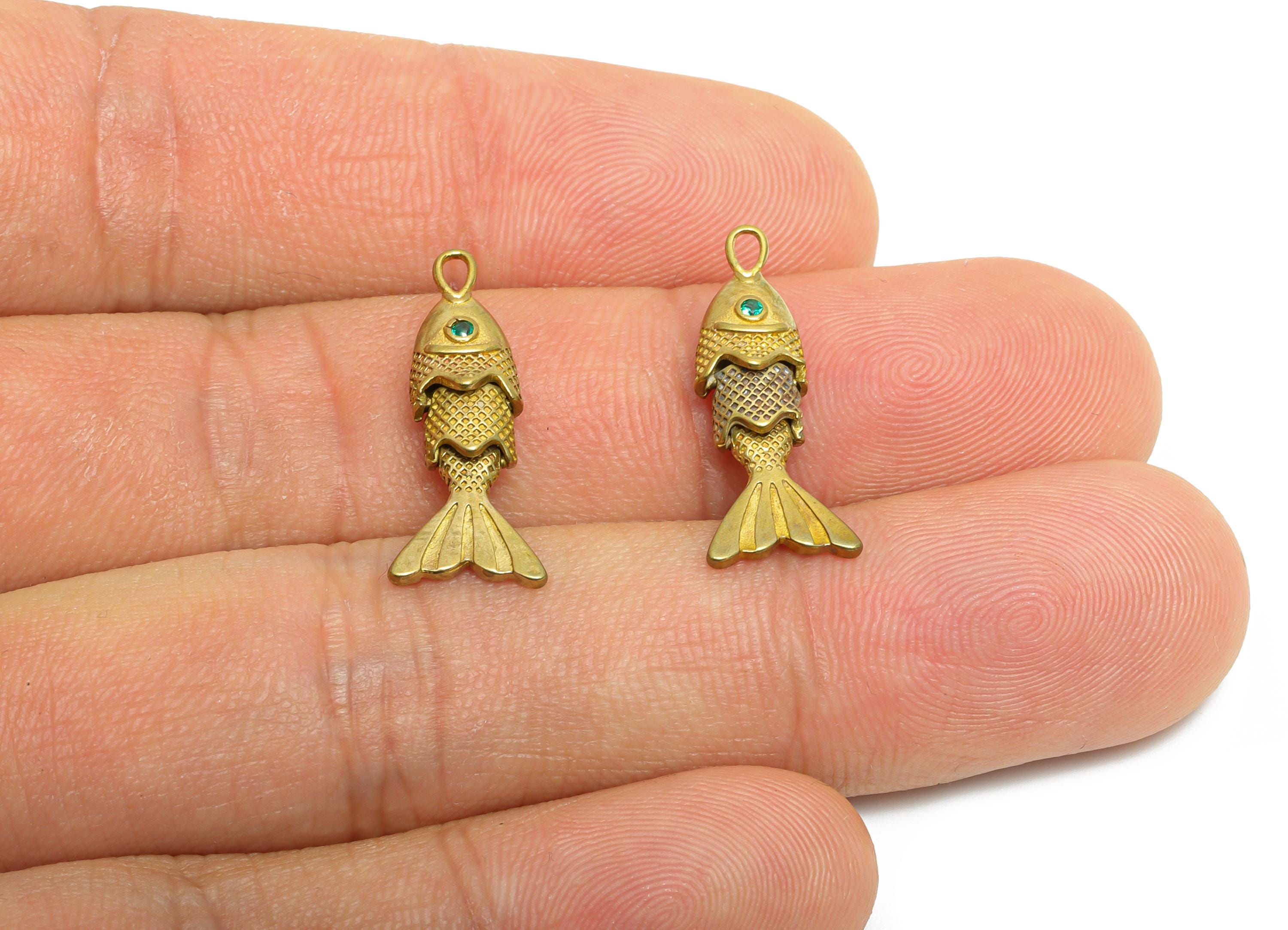Movable Articulated Fish Charm - Brass Textured Dainty Fish Charm - Cubic Zircon Green Articulated Fish Earring Charm - 22x9x4mm - PP11110 - DOMEDBAZAAR
