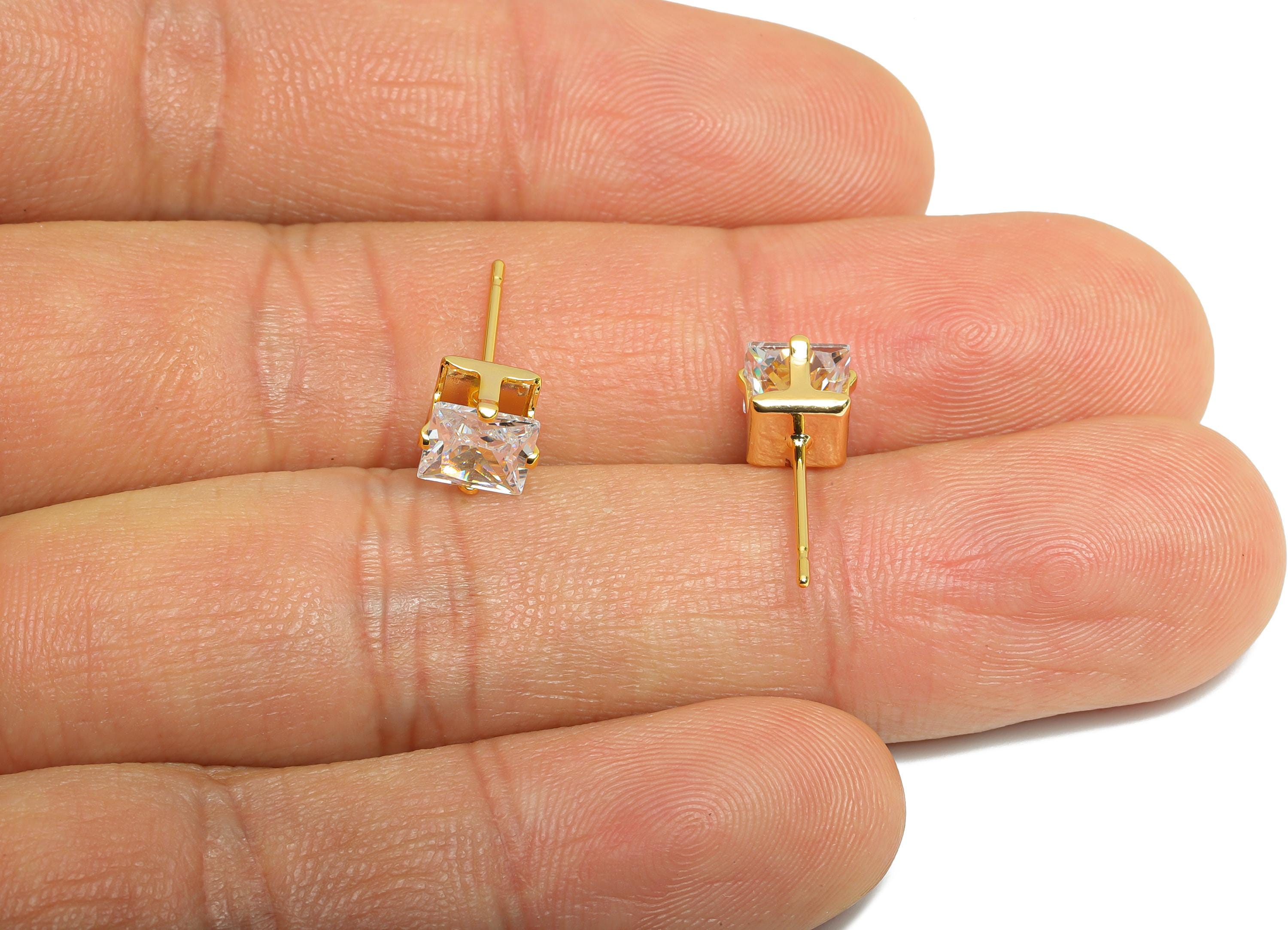 Minimalist Square Earring Post - Brass Simple Gem Stud - Cubic Zircon Sparkling Gold Ear Post - 18K Real Gold Plated - 6x6x5mm - RGP9640 - DOMEDBAZAAR