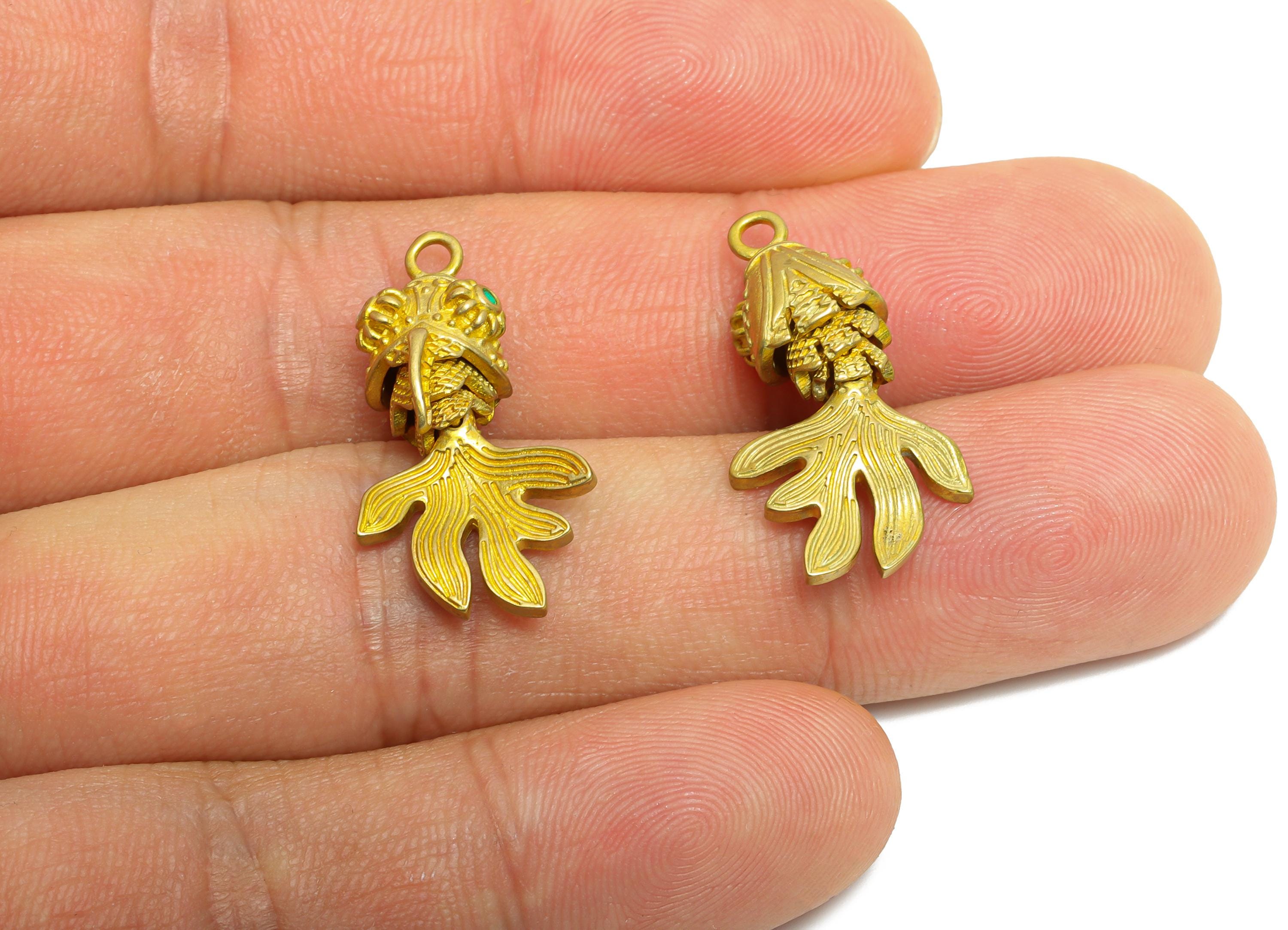 Movable Articulated Fish Charm - Brass Textured Whale Charm - Cubic Zircon Green Articulated Fish Marine Pendant - 25x13.9x8.33mm - PP11103 - DOMEDBAZAAR