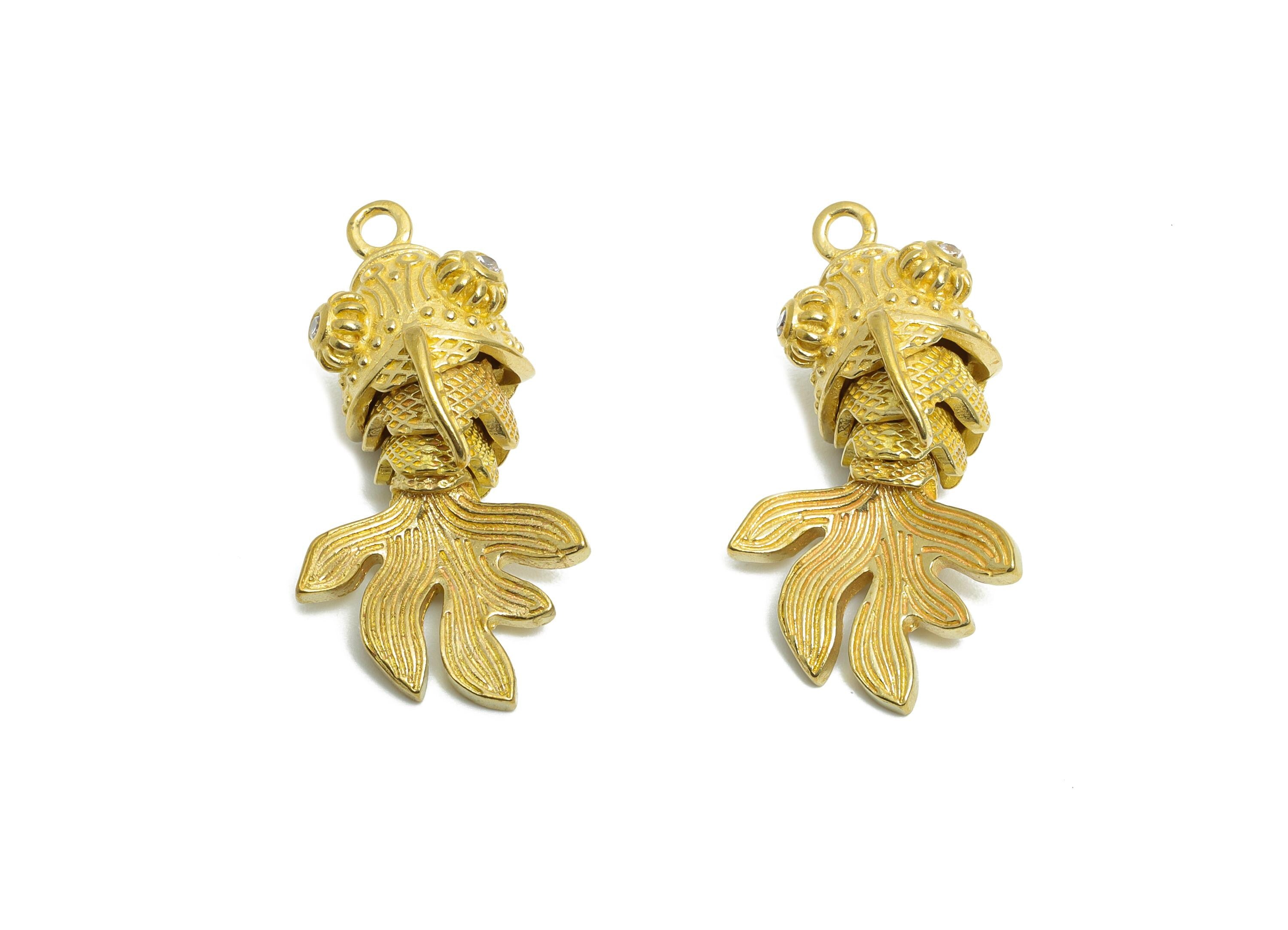 Movable Articulated Fish Charm - Brass Textured Whale Charm - Sparking Cubic Zircon Articulated Fish Marine Pendant - 28x12x10.8mm - PP11104 - DOMEDBAZAAR