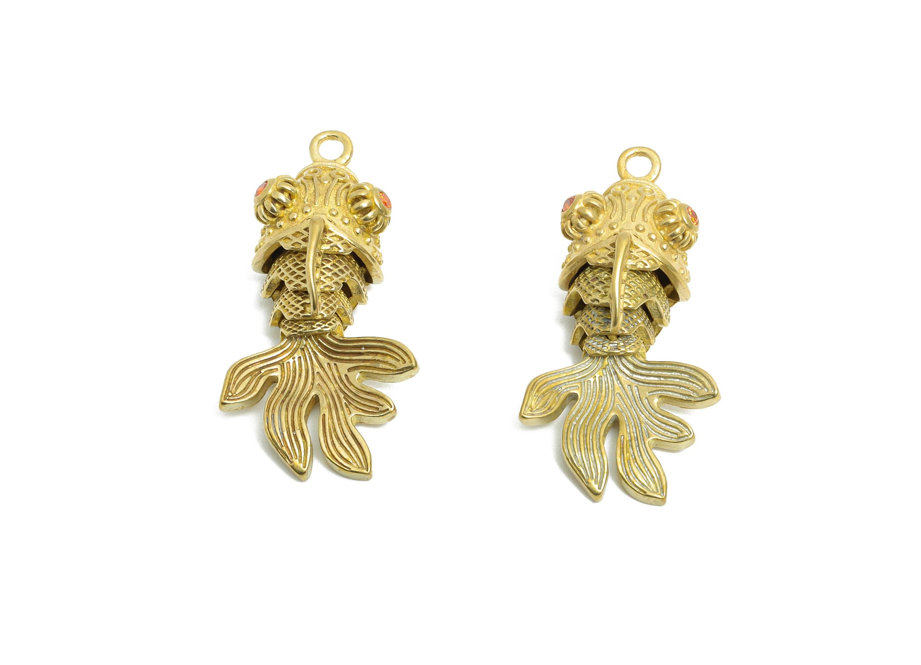 Movable Articulated Fish Charm - Brass Textured Whale Charm - Orange Cubic Zircon Articulated Fish Marine Pendant - 28x12x10.85mm - PP11105 - DOMEDBAZAAR