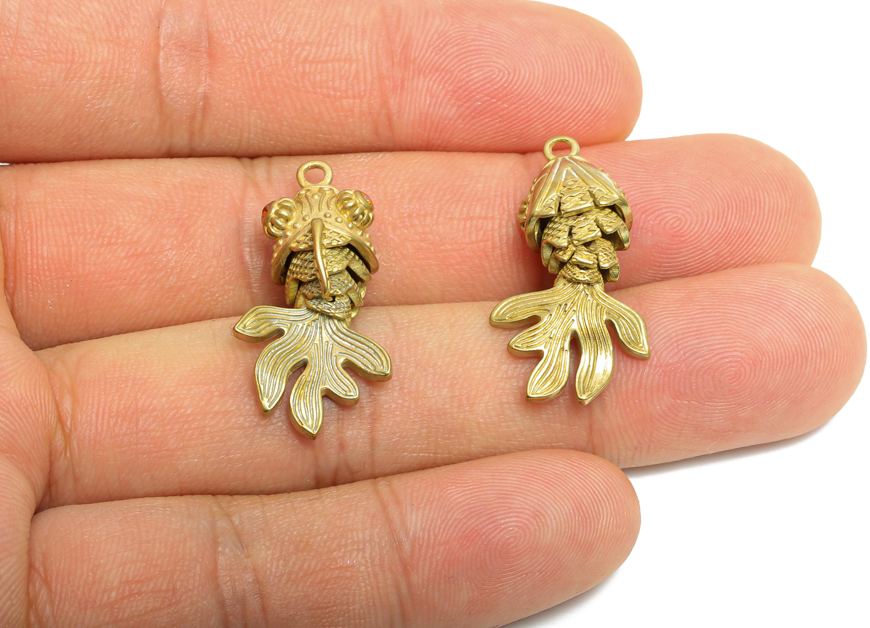 Movable Articulated Fish Charm - Brass Textured Whale Charm - Orange Cubic Zircon Articulated Fish Marine Pendant - 28x12x10.85mm - PP11105 - DOMEDBAZAAR