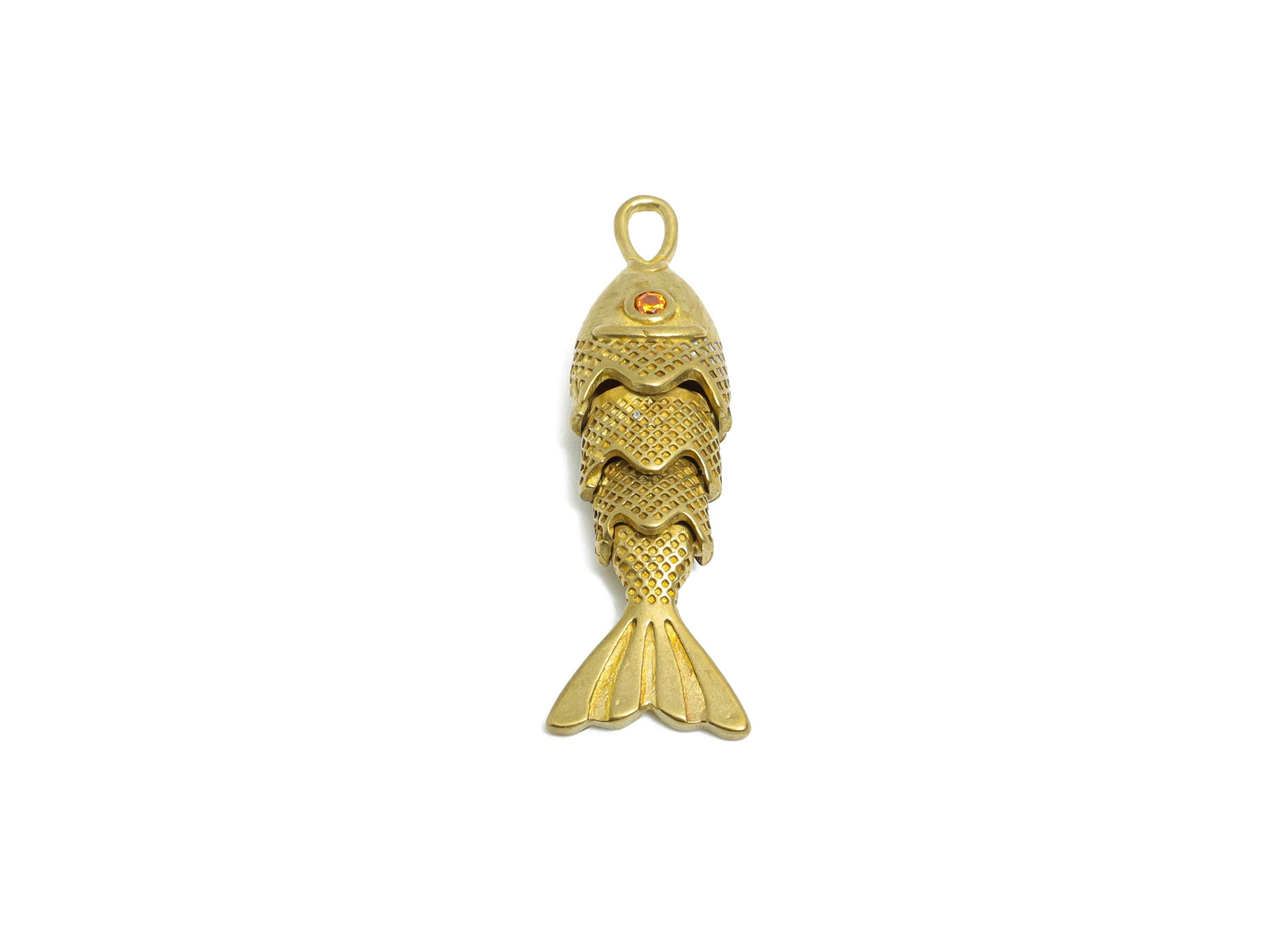 Movable Articulated Fish Charm - Brass Textured Dainty Marine Pendant - Cubic Zircon Sparking Articulated Earring Charm - 26x9x5mm -PP11114 - DOMEDBAZAAR