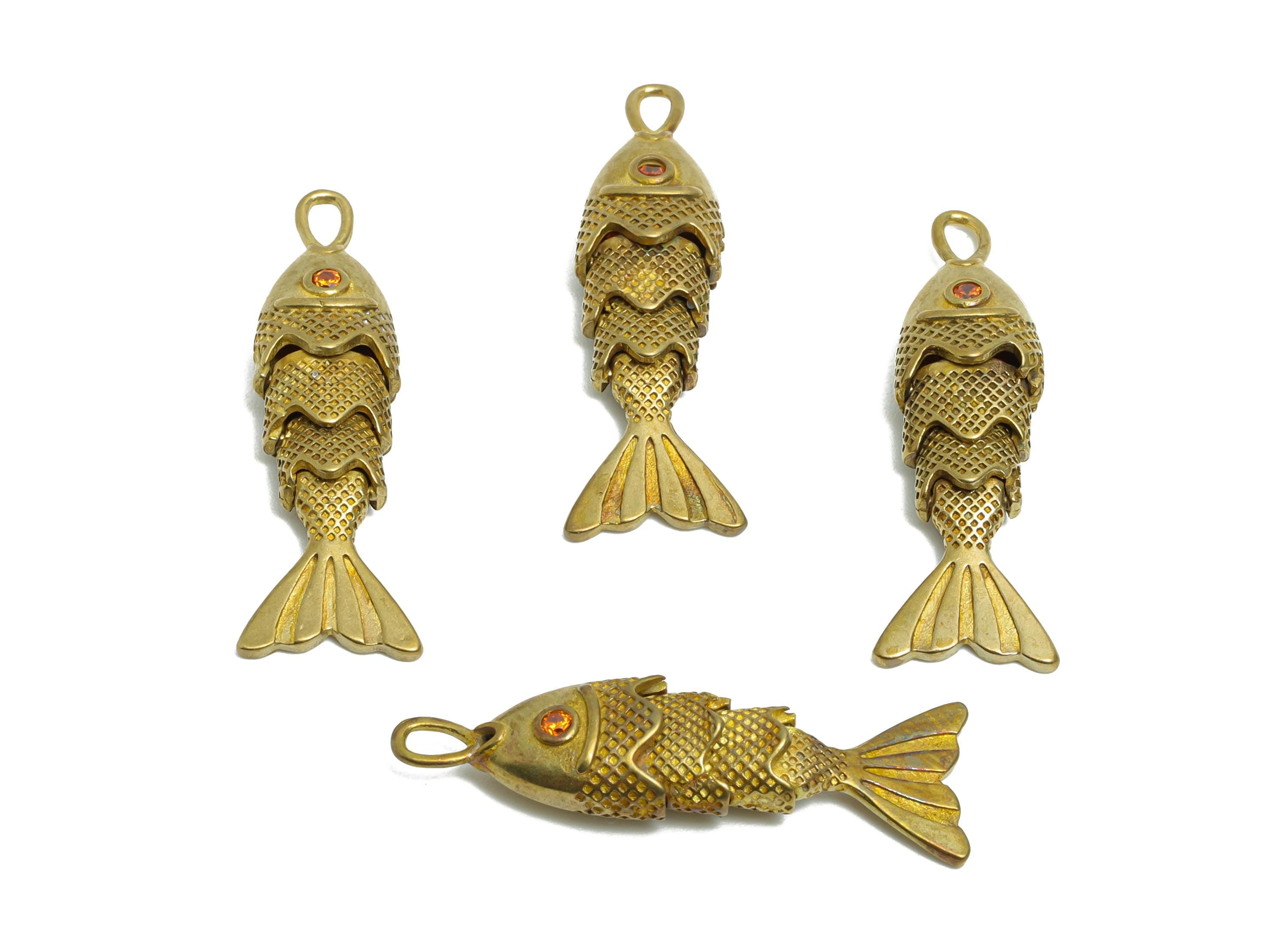 Movable Articulated Fish Charm - Brass Textured Dainty Marine Pendant - Cubic Zircon Sparking Articulated Earring Charm - 26x9x5mm -PP11114 - DOMEDBAZAAR