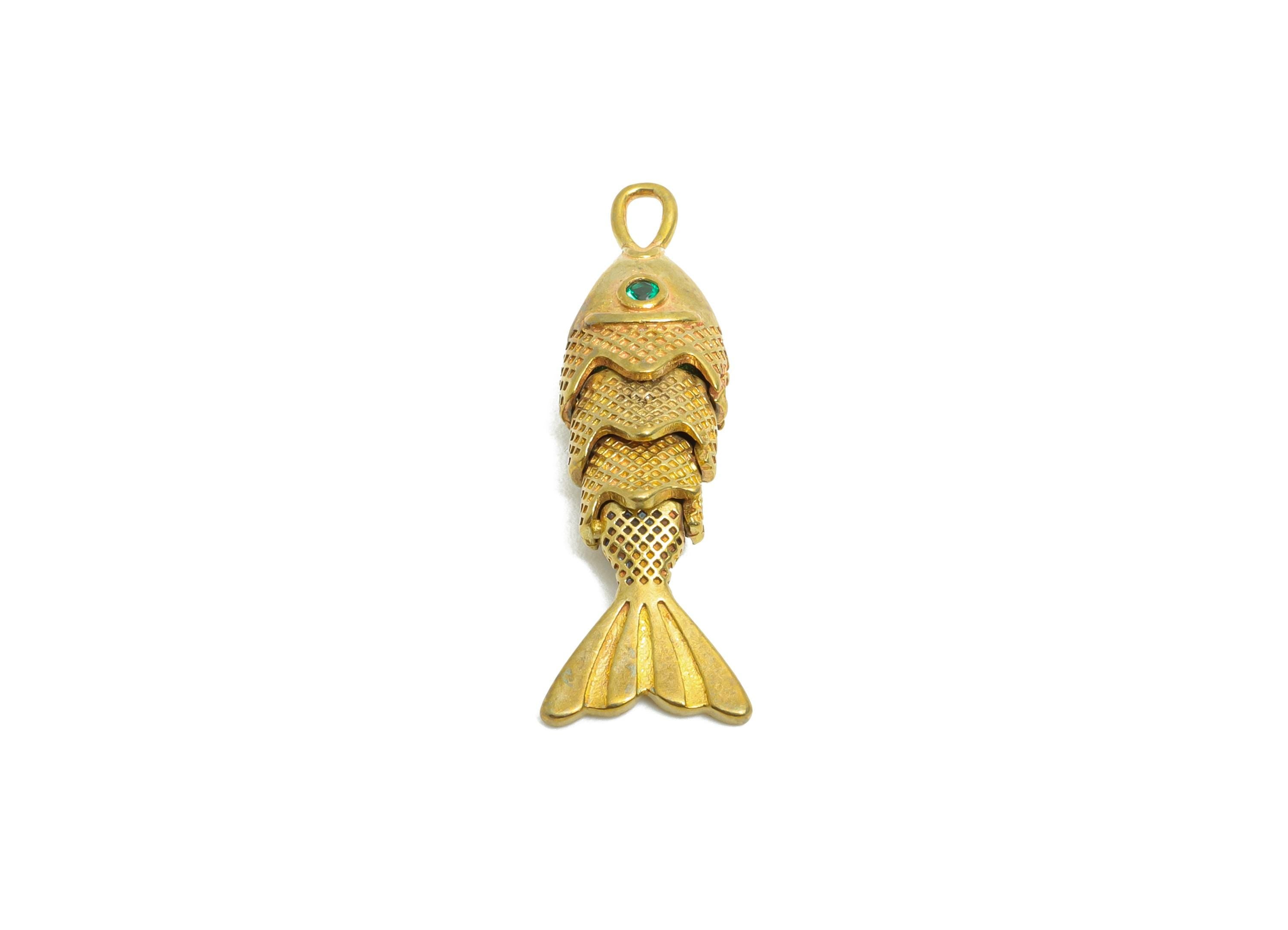 3D Movable Articulated Fish Charm - Brass Textured Dainty Marine Pendant - Cubic Zircon Sparking Articulated Earring Charm -26x9x5mm-PP11113 - DOMEDBAZAAR