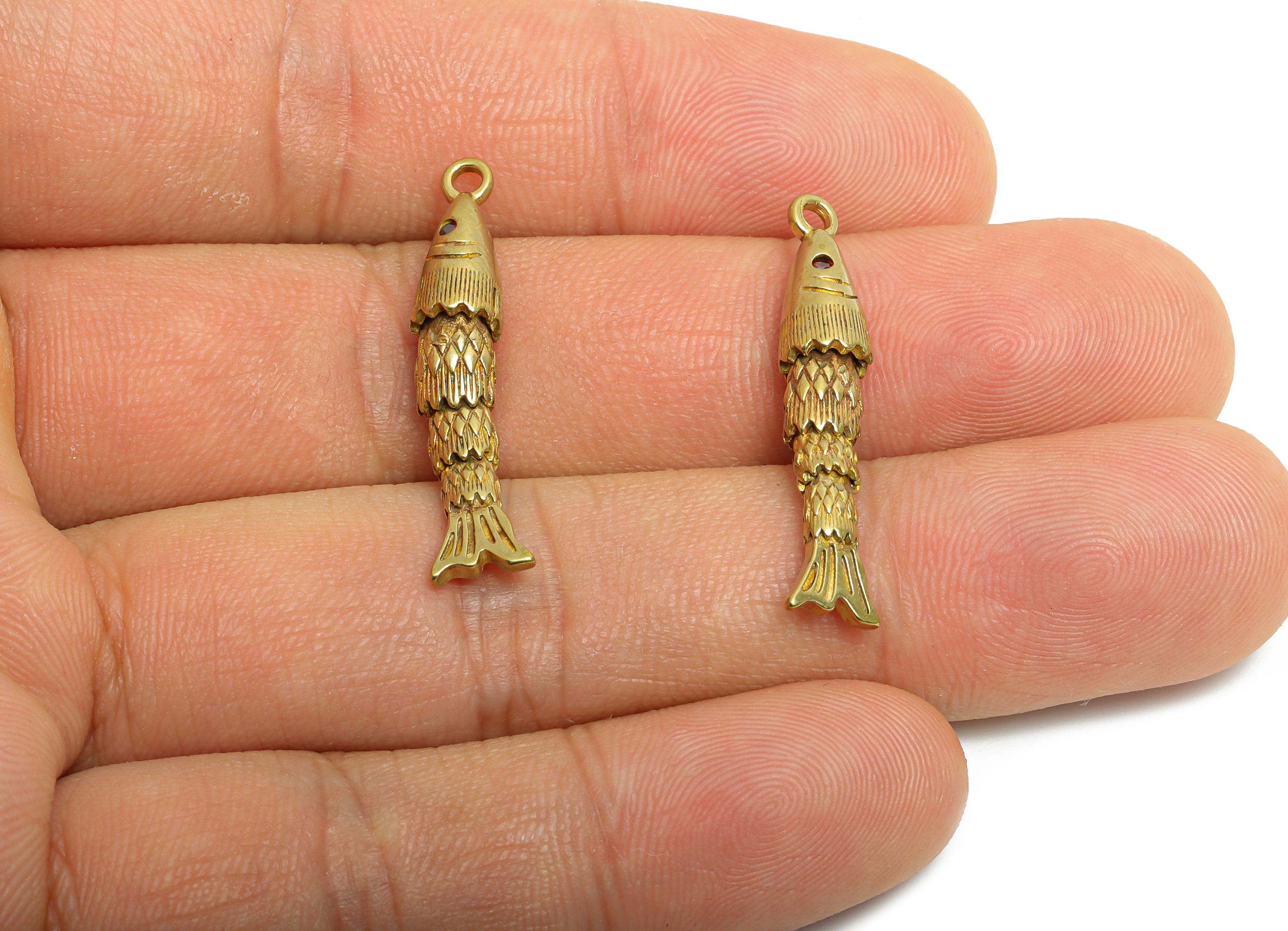 Movable Articulated Fish Charm - Brass Textured Dangle Marine Pendant - Cubic Zircon Sparking Articulated Earring Charm - 30x5x5mm -PP11122 - DOMEDBAZAAR