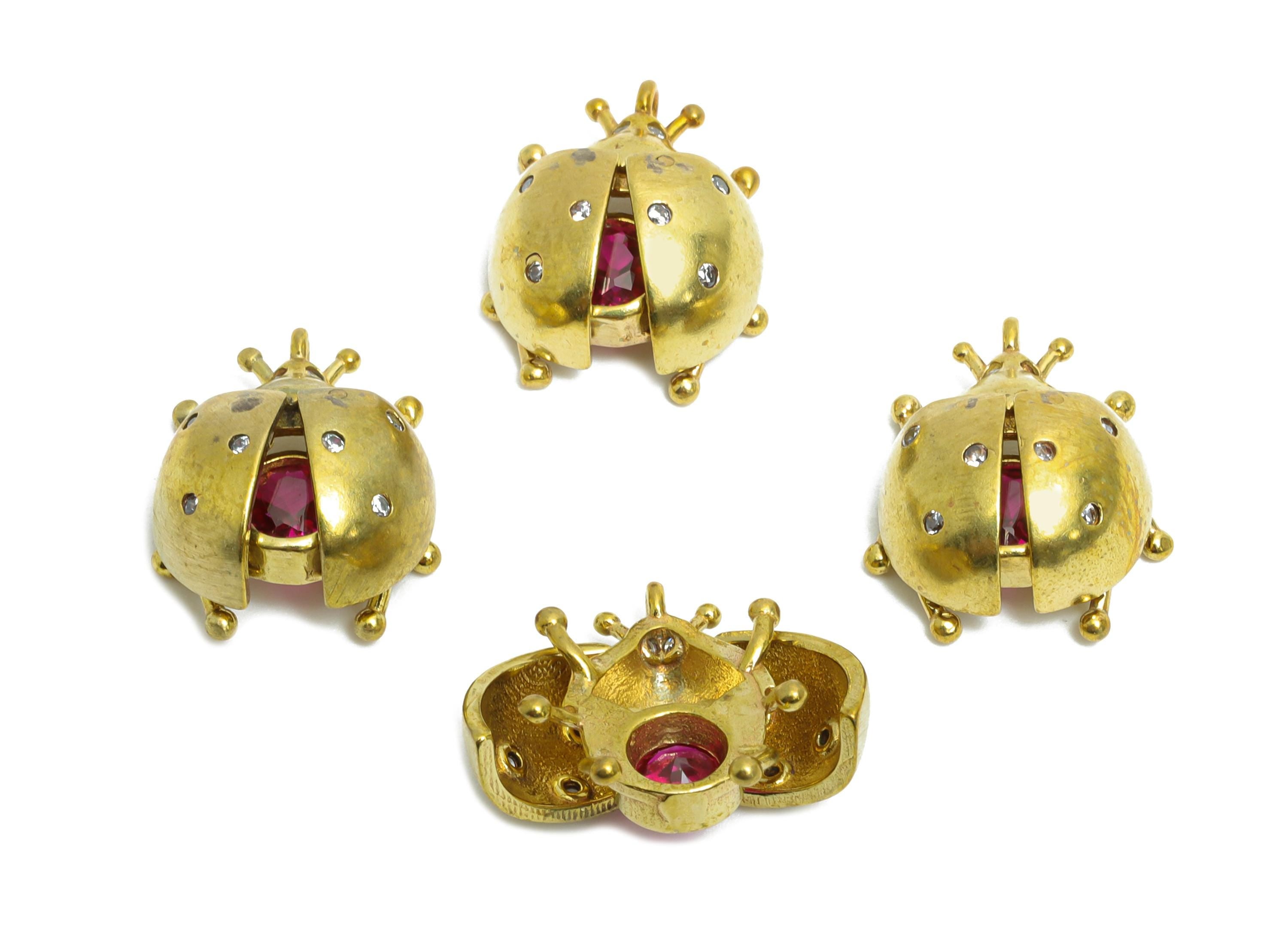 Brass Beetle Earring Charm - Brass Openable Beetle Pendant - Cubic Zircon Sparking Charm - Pink Hollow Ladybug Pendant - 14x12x6mm - PP11096 - DOMEDBAZAAR