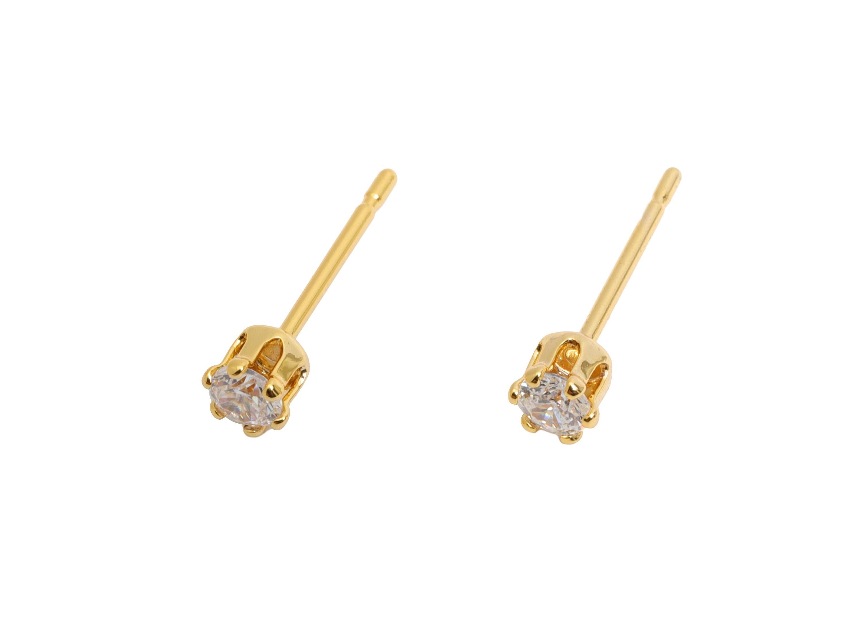 Minimalist Tiny Earring Post - Brass Simple Mini Gem Stud - Cubic Zircon Sparkling Post - 18K Real Gold Plated - 3x3x3mm - RGP9641 - DOMEDBAZAAR