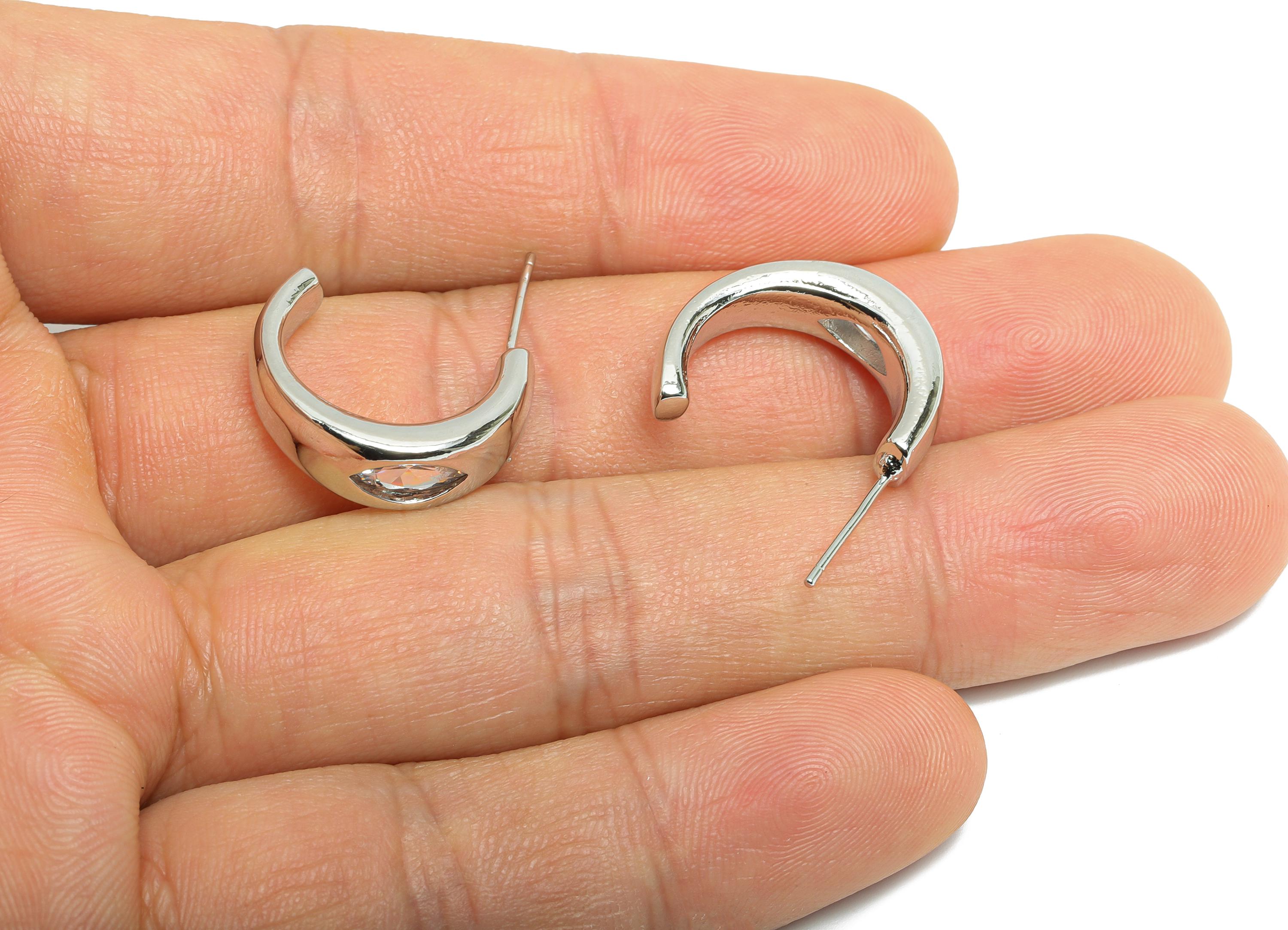 Brass Marquise Hoop Post - Brass Minimalist Sleek Hoop C Earring - Cubic Zircon Earring - 18K Real White Gold Plated - 19x14x6mm-RGP9657S - DOMEDBAZAAR