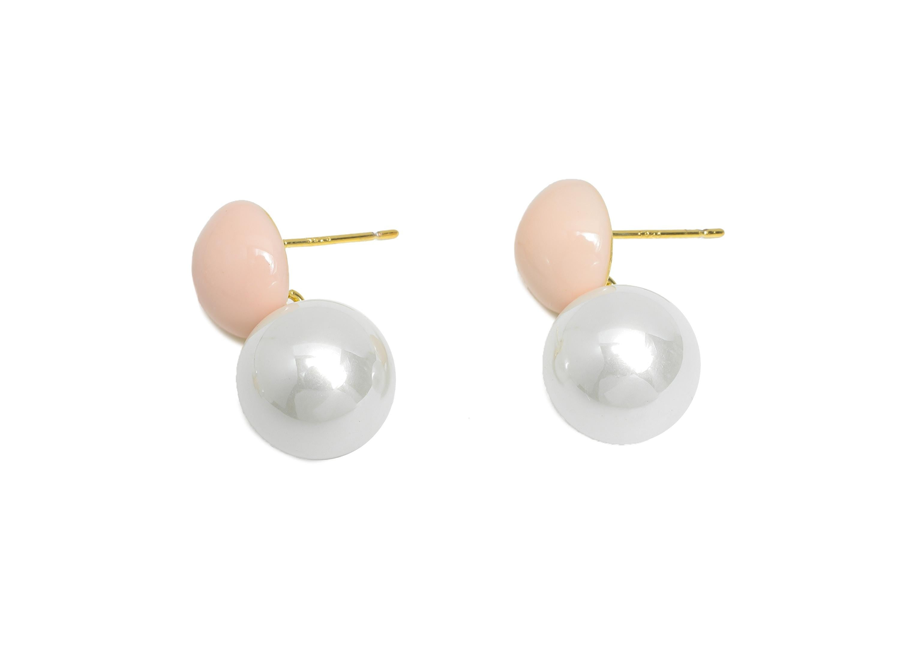 Brass Pearls Dangle Stud - Pink Enamel Imitation Pearl Earrings Post - Everday Jewelry - 18K Real Gold Plated -24.28x11.93x0.71mm-RGP9609B - DOMEDBAZAAR