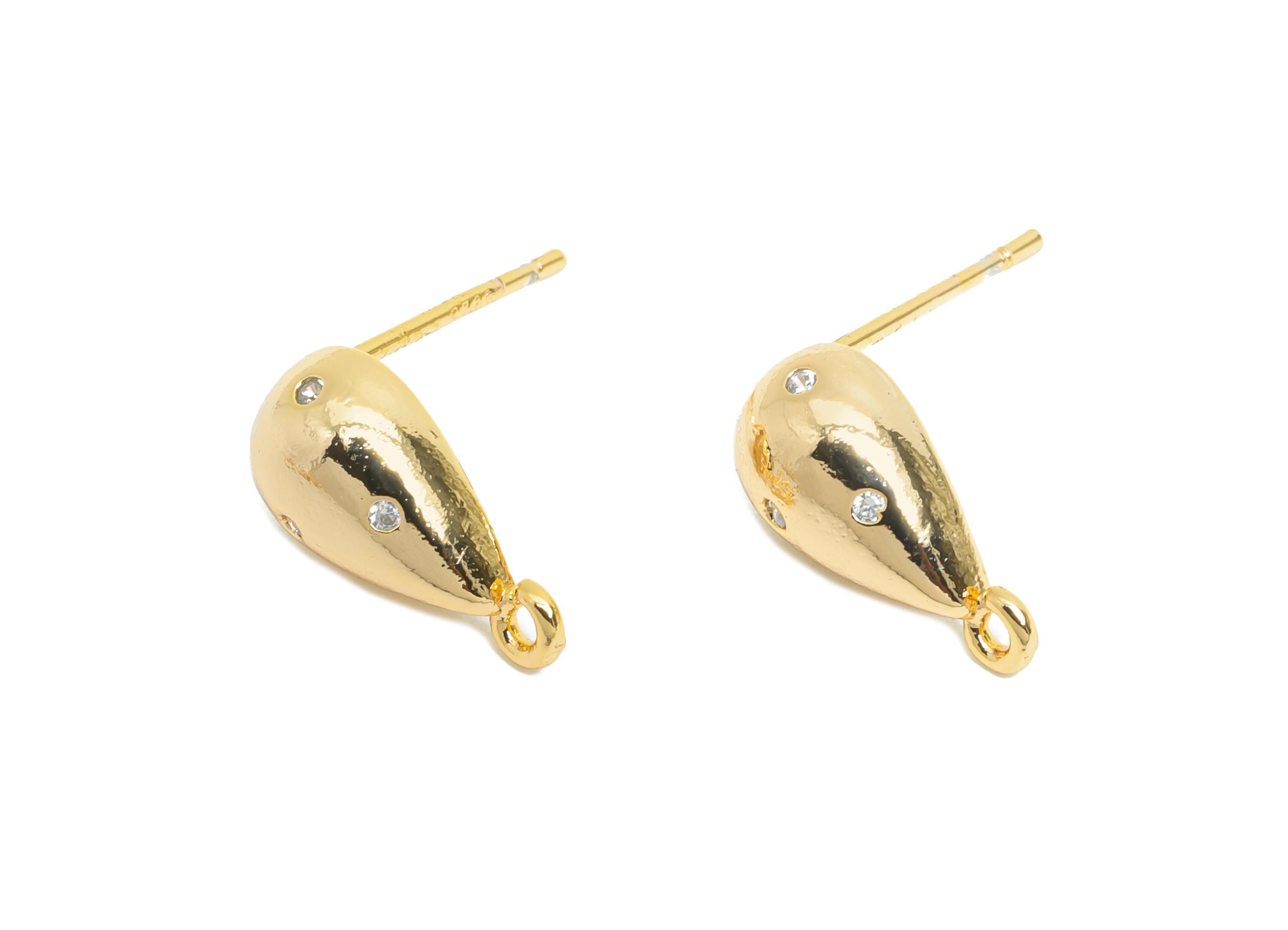 Brass Drop Earring Stud - Brass Cubic Zircon Earring With Loop - DIY Teardrop Earring Base - 18K Real Gold Plated - 13x6x3.77mm - RGP9649 - DOMEDBAZAAR
