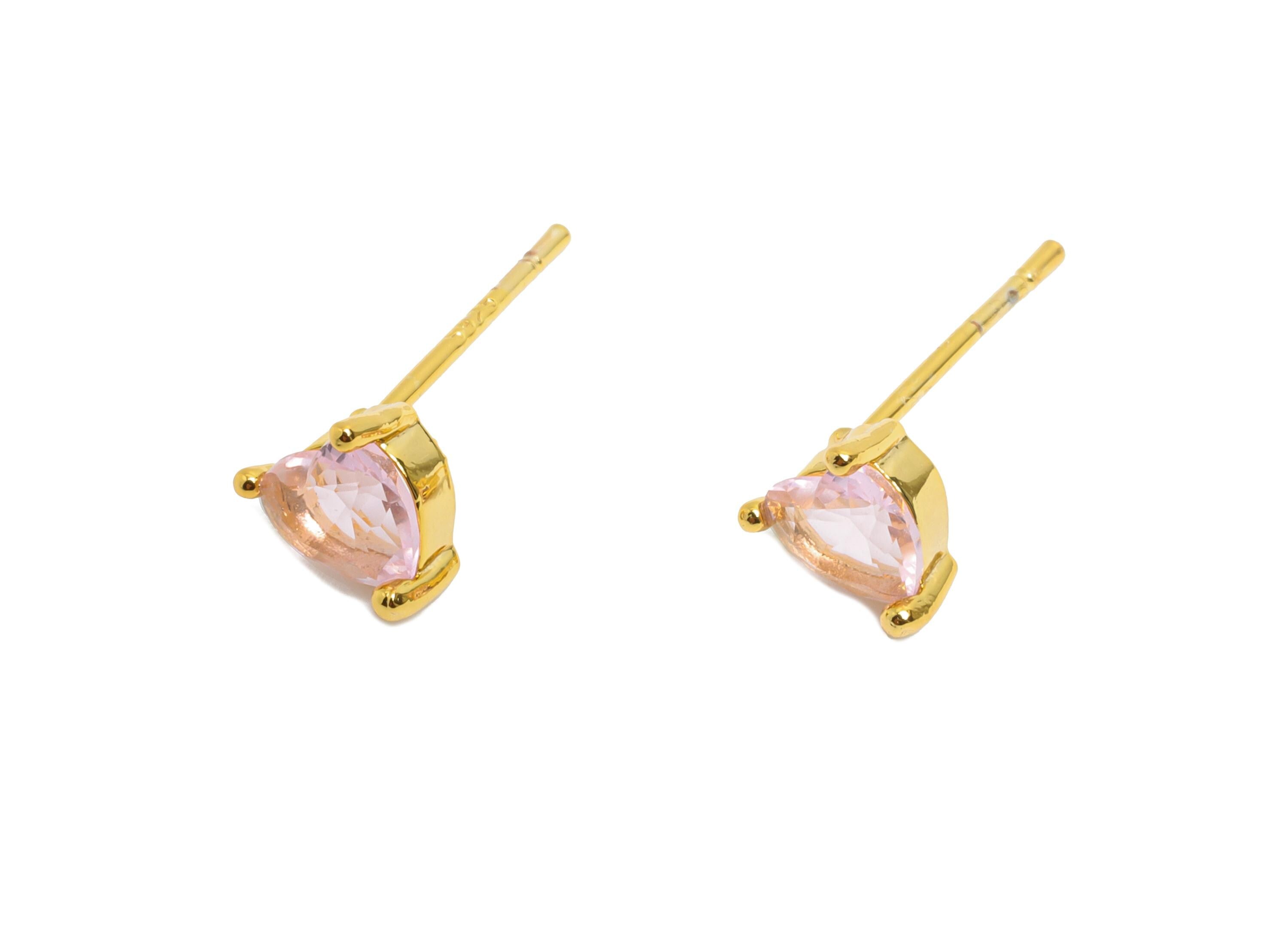 Minimalist Heart Post - Brass Pink Sparking Heart Stud - Glass Romantic Jewelry - 18K Real Gold Plated - 6.1x5.4x3.3mm - RGP9662 - DOMEDBAZAAR