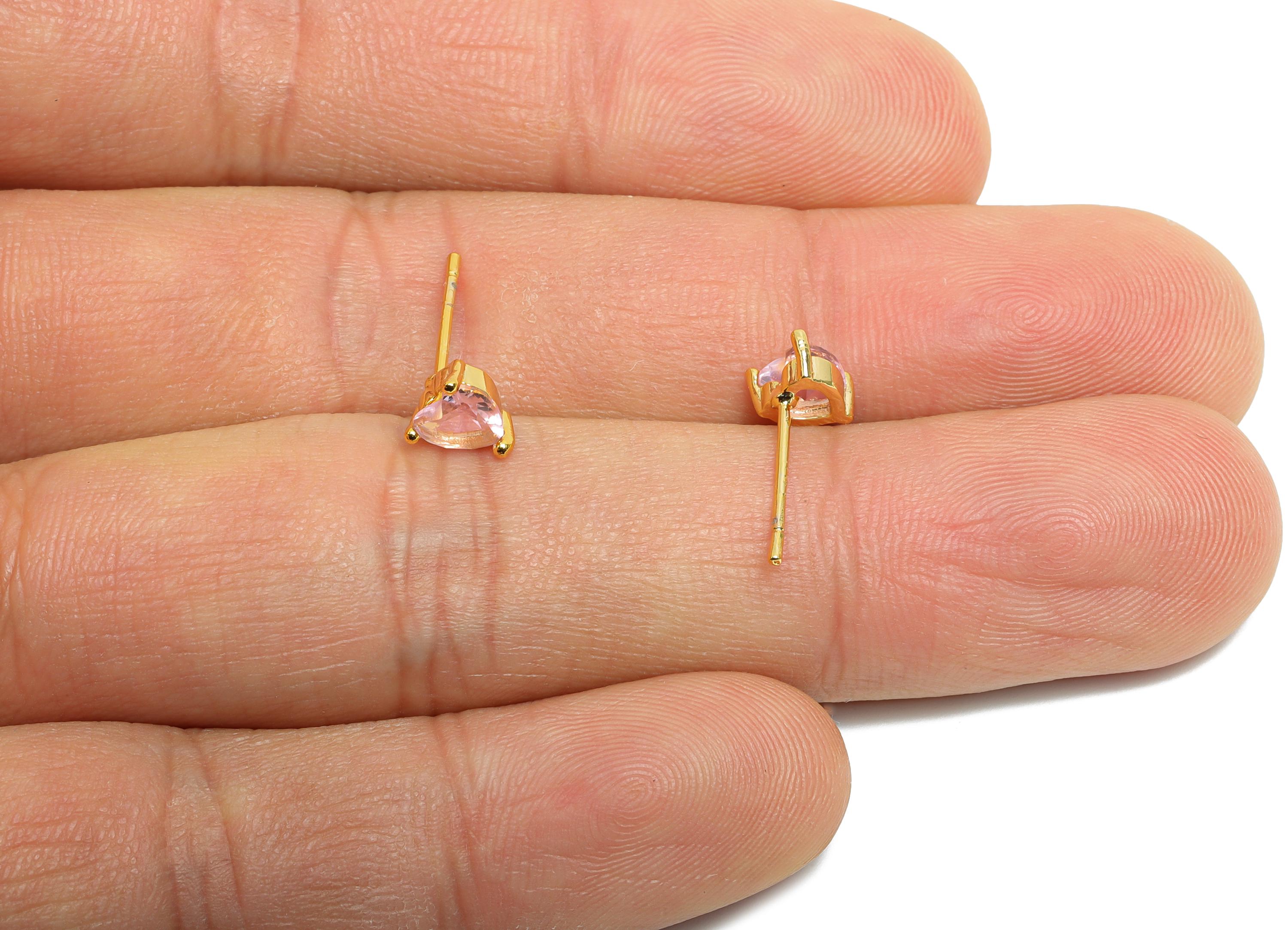 Minimalist Heart Post - Brass Pink Sparking Heart Stud - Glass Romantic Jewelry - 18K Real Gold Plated - 6.1x5.4x3.3mm - RGP9662 - DOMEDBAZAAR